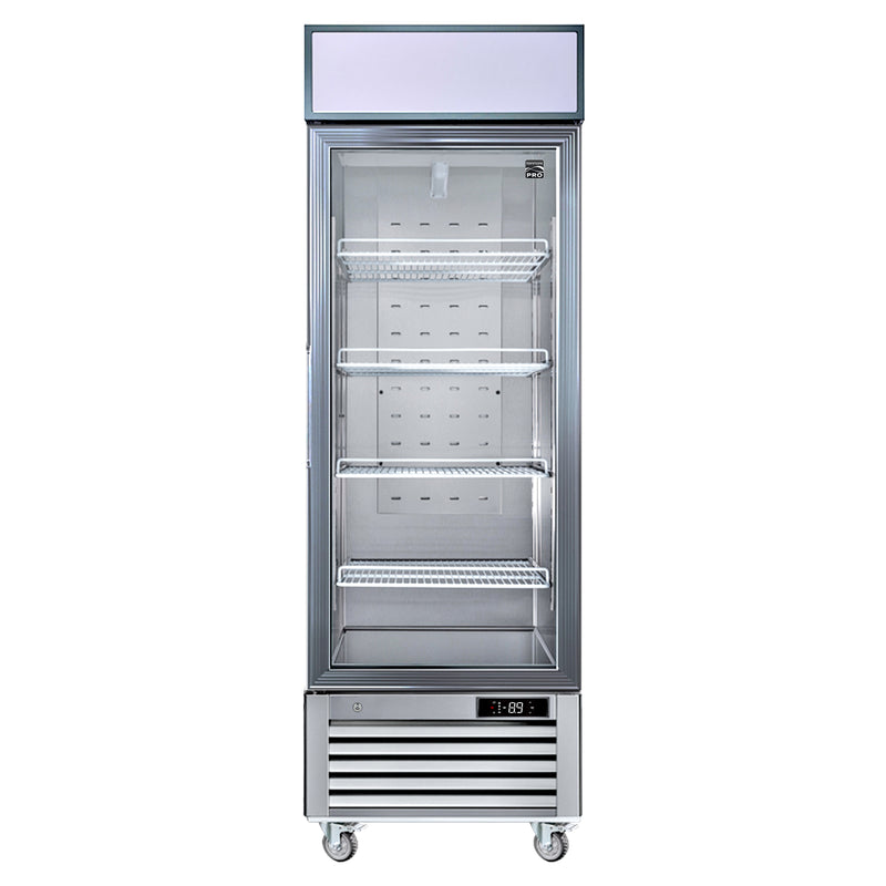 Kenmore Pro swing glass door merchandiser freezer, closed, on a white background