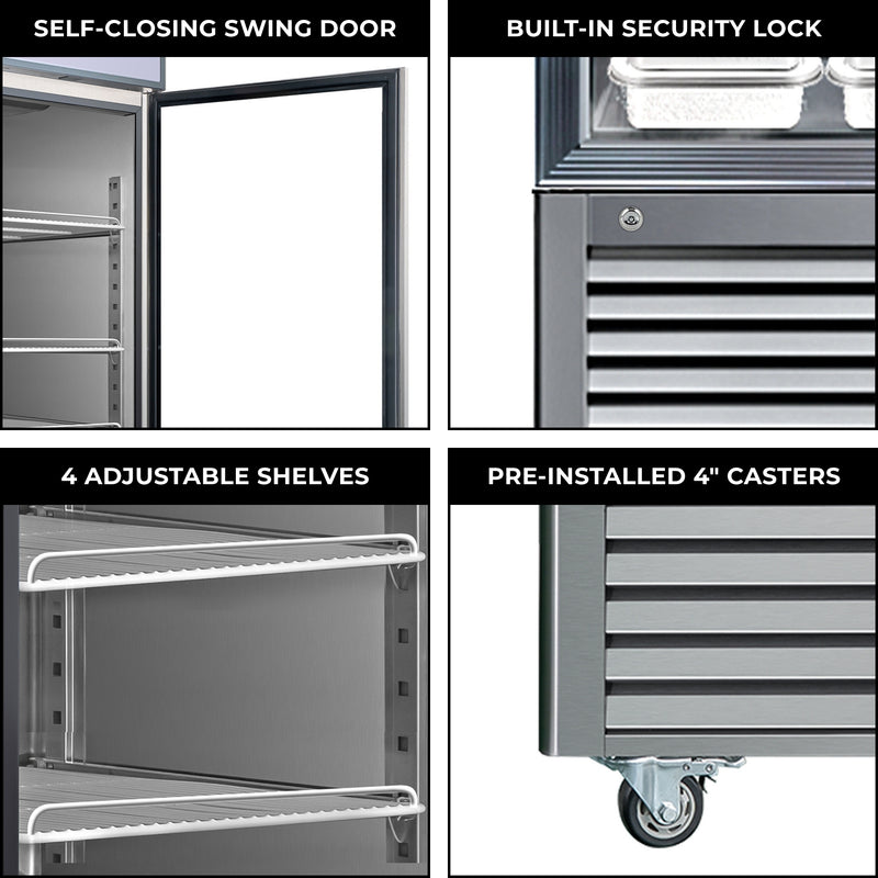 Four labeled closeup images show features of the Kenmore Pro upright display freezer: Self-closing swing door; built-in security lock; 4 adjustable shelves; pre-installed 4" casters.