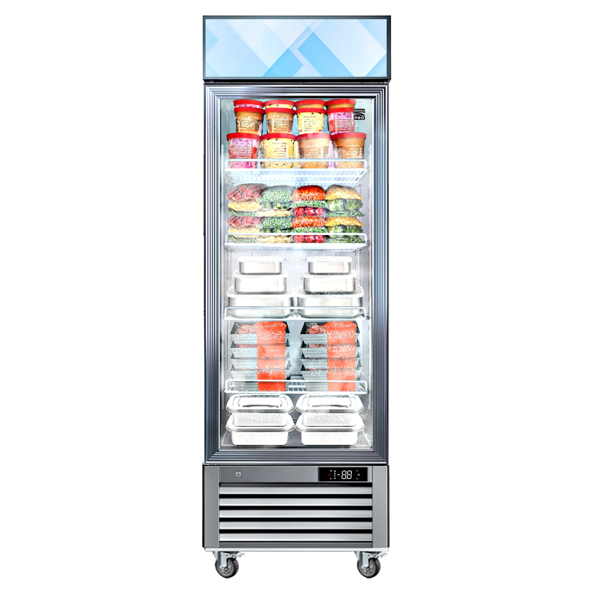 Kenmore Pro glass door convertible commercial fridge/freezer filled with frozen food products on a white background.