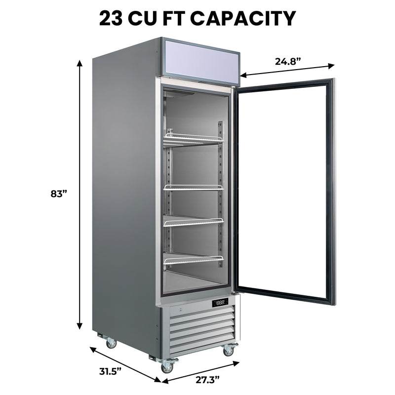 Kenmore Pro commercial reach-in glass door commercial freezer with built-in ad panel lightbox display on a white background with dimensions and capacity listed.