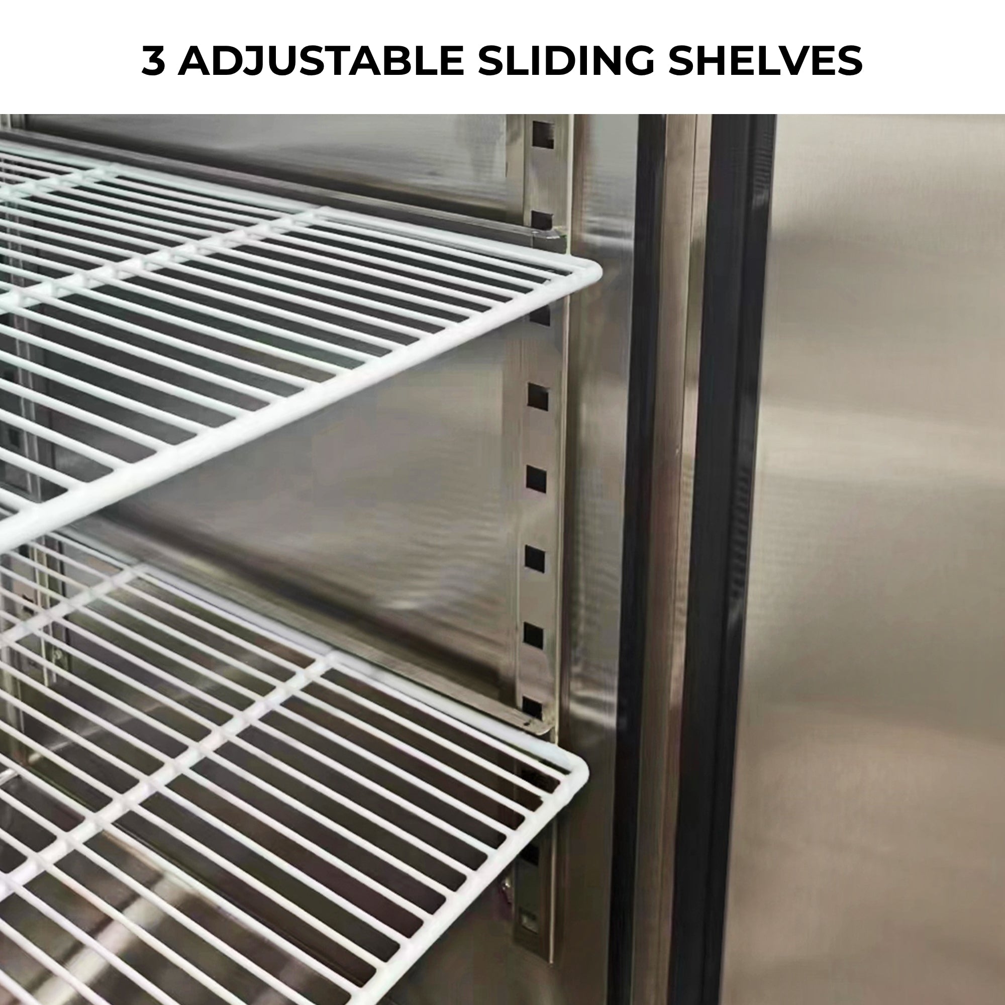 Closeup of the removable shelves inside the Kenmore Pro commercial reach-in solid door stainless steel convertible freezer/refrigerator with text above reading, "3 adjustable sliding shelves."