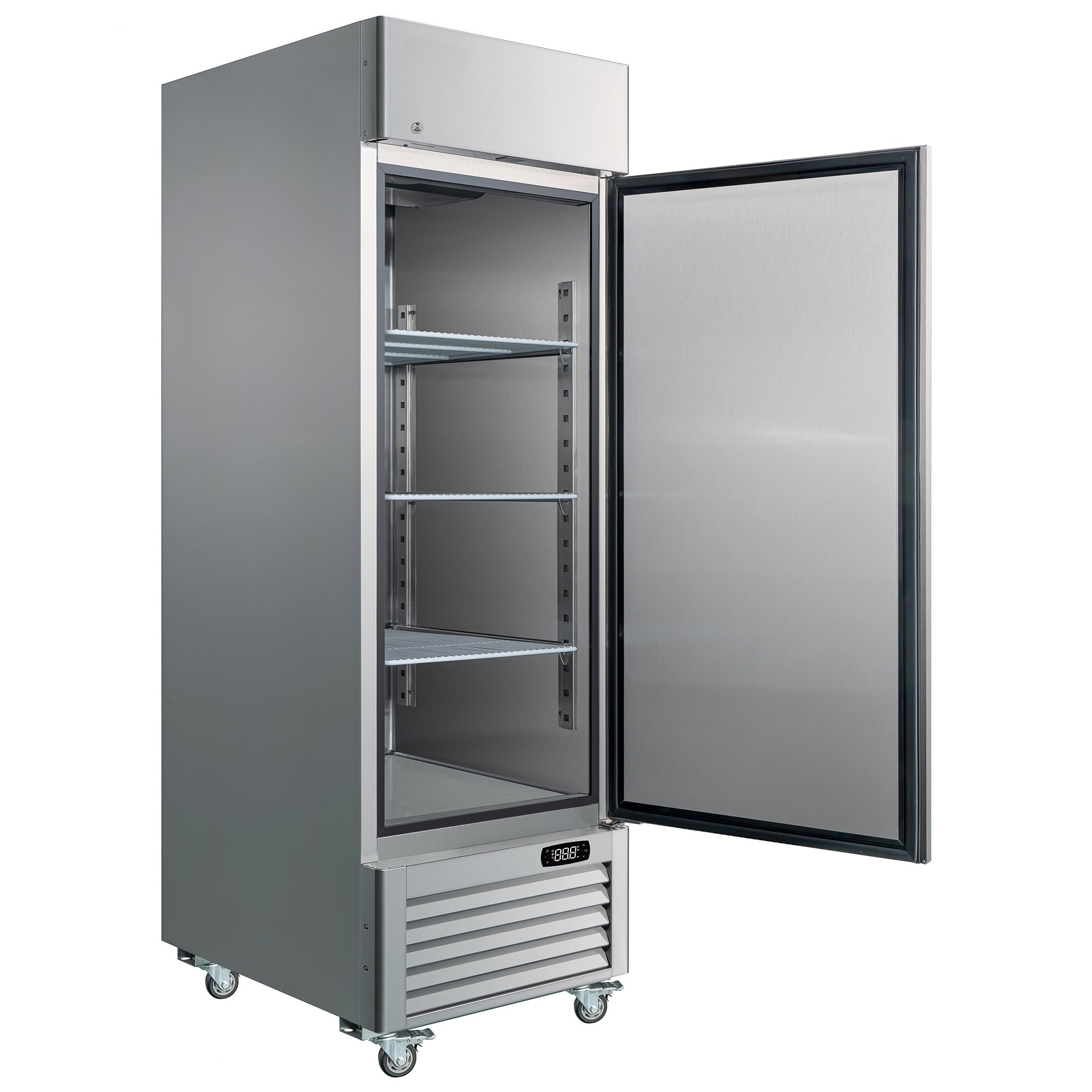 Kenmore Pro commercial reach-in solid door stainless steel convertible freezer/refrigerator, open, on a white background