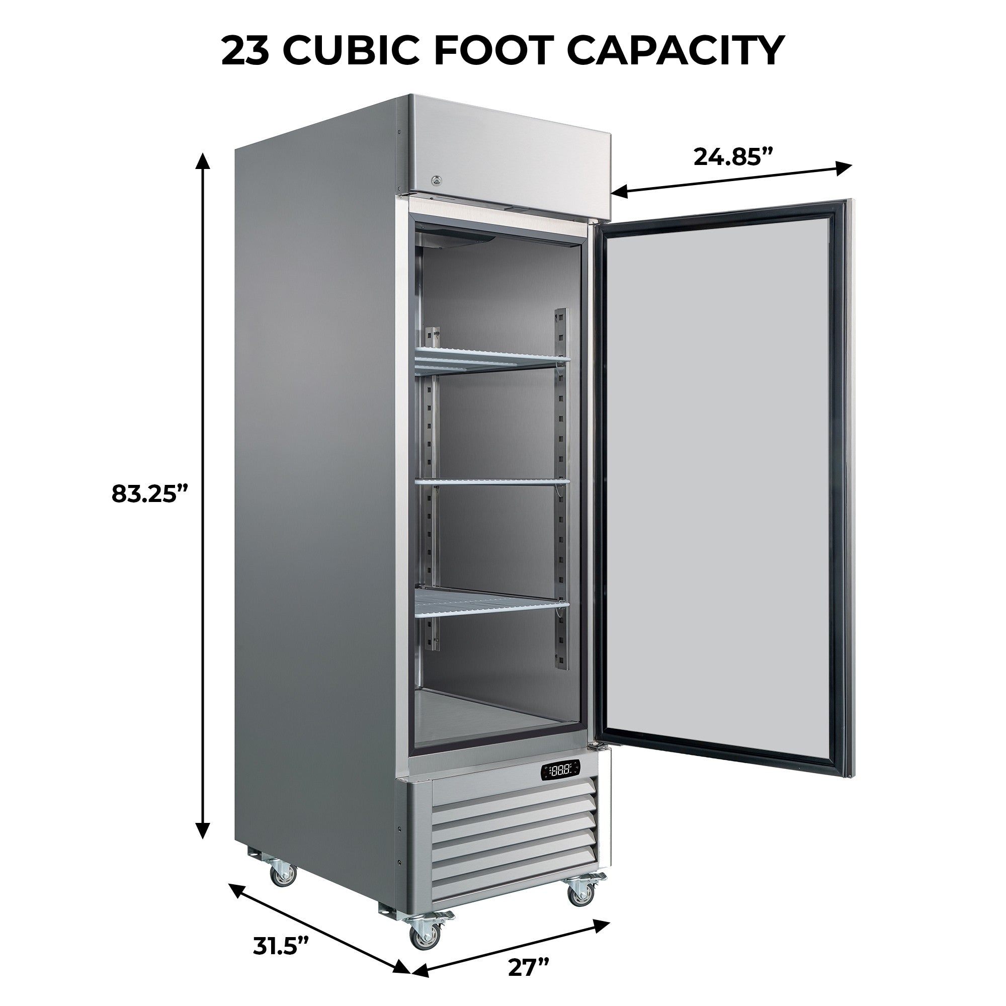 Kenmore Pro commercial reach-in solid door stainless steel convertible freezer/refrigerator on a white background with dimensions and capacity listed