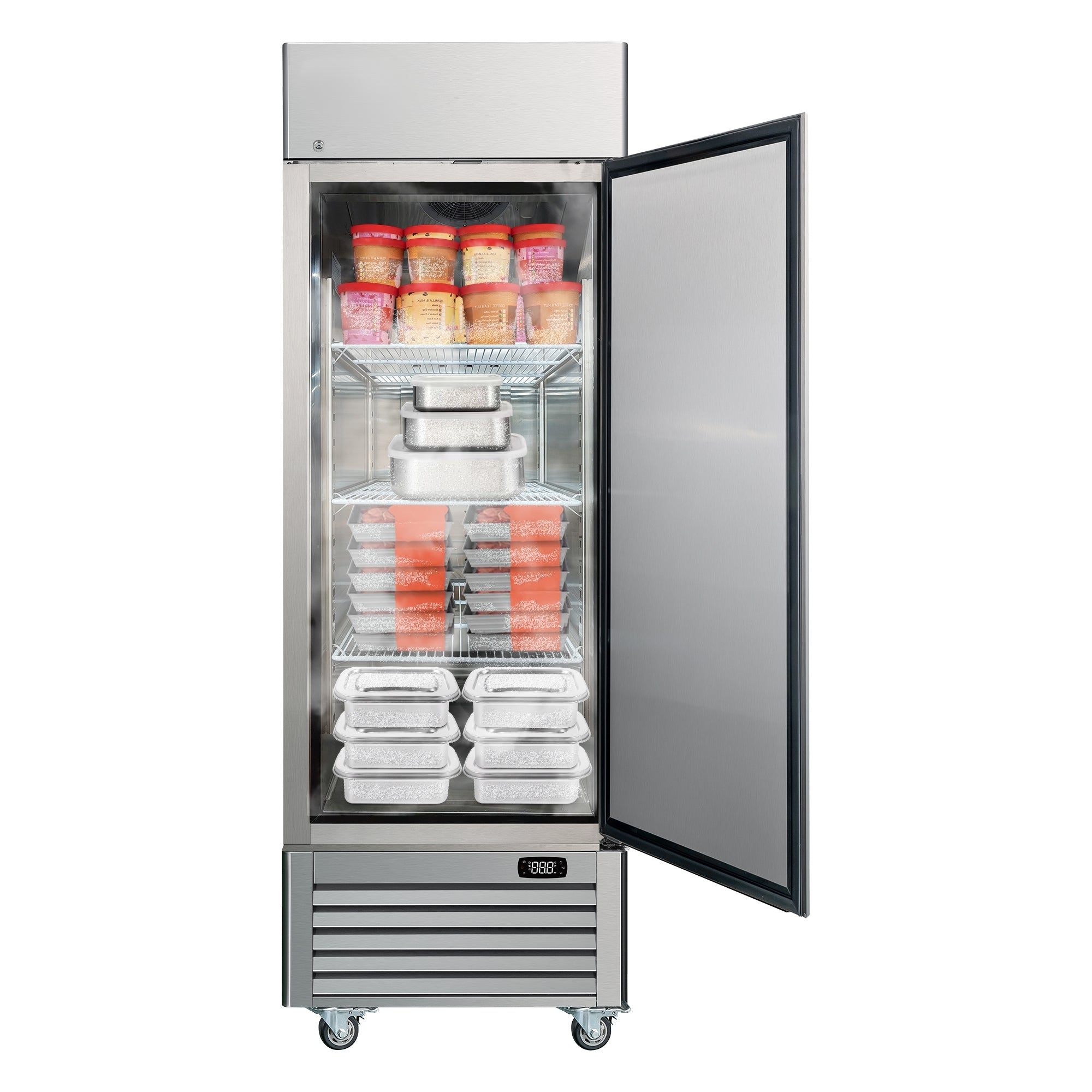 Kenmore Pro convertible commercial fridge/freezer filled with frozen food products on a white background.