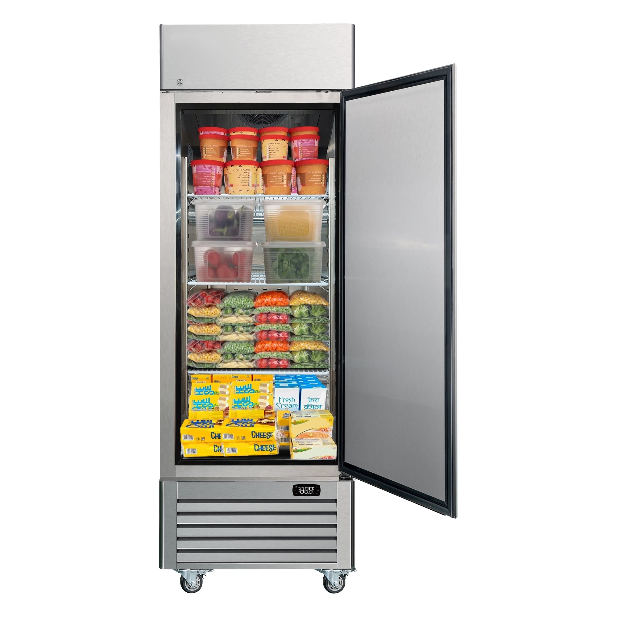 Kenmore Pro convertible commercial fridge/freezer filled with refrigerated food products on a white background.