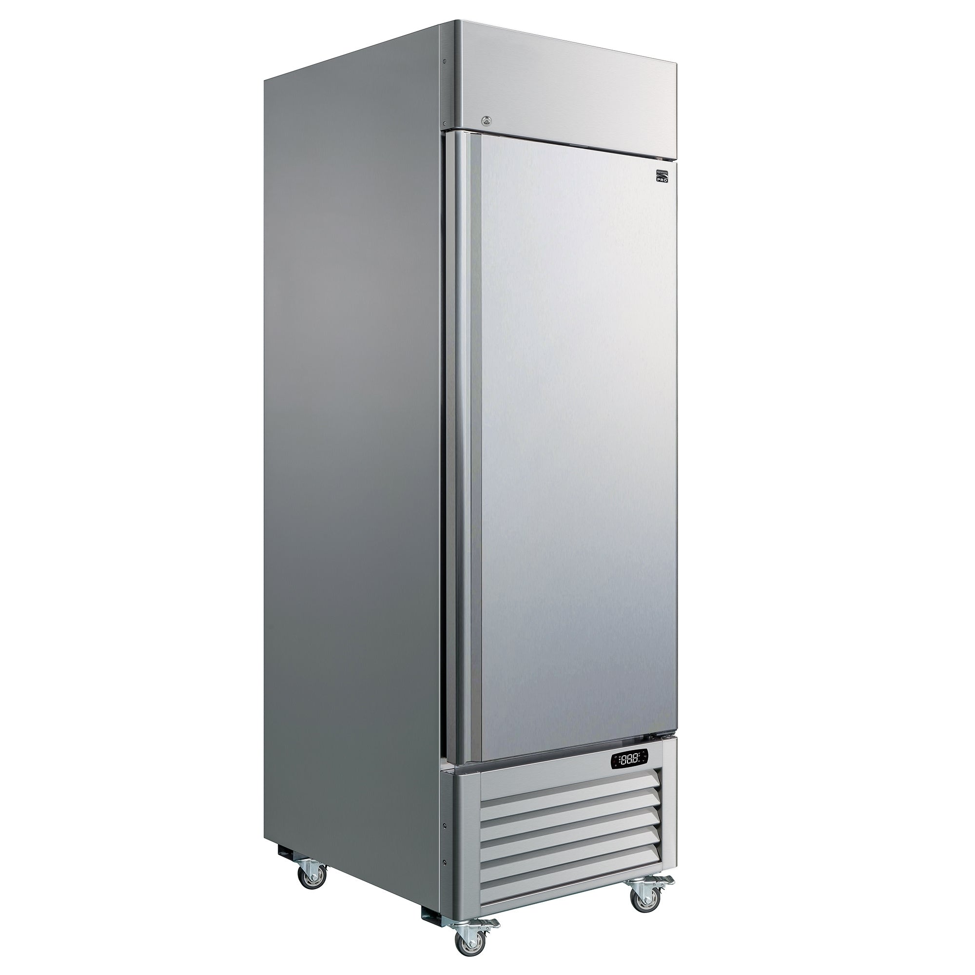 Kenmore Pro commercial reach-in solid door stainless steel convertible freezer/refrigerator, closed, on a white background