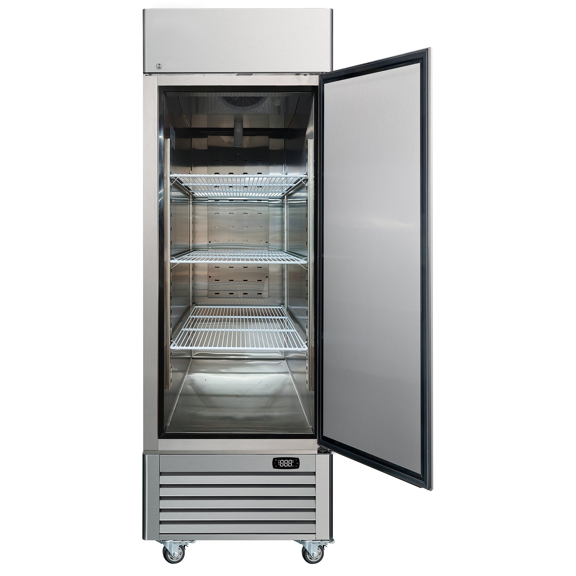 Kenmore Pro commercial reach-in solid door stainless steel convertible freezer/refrigerator, open, on a white background