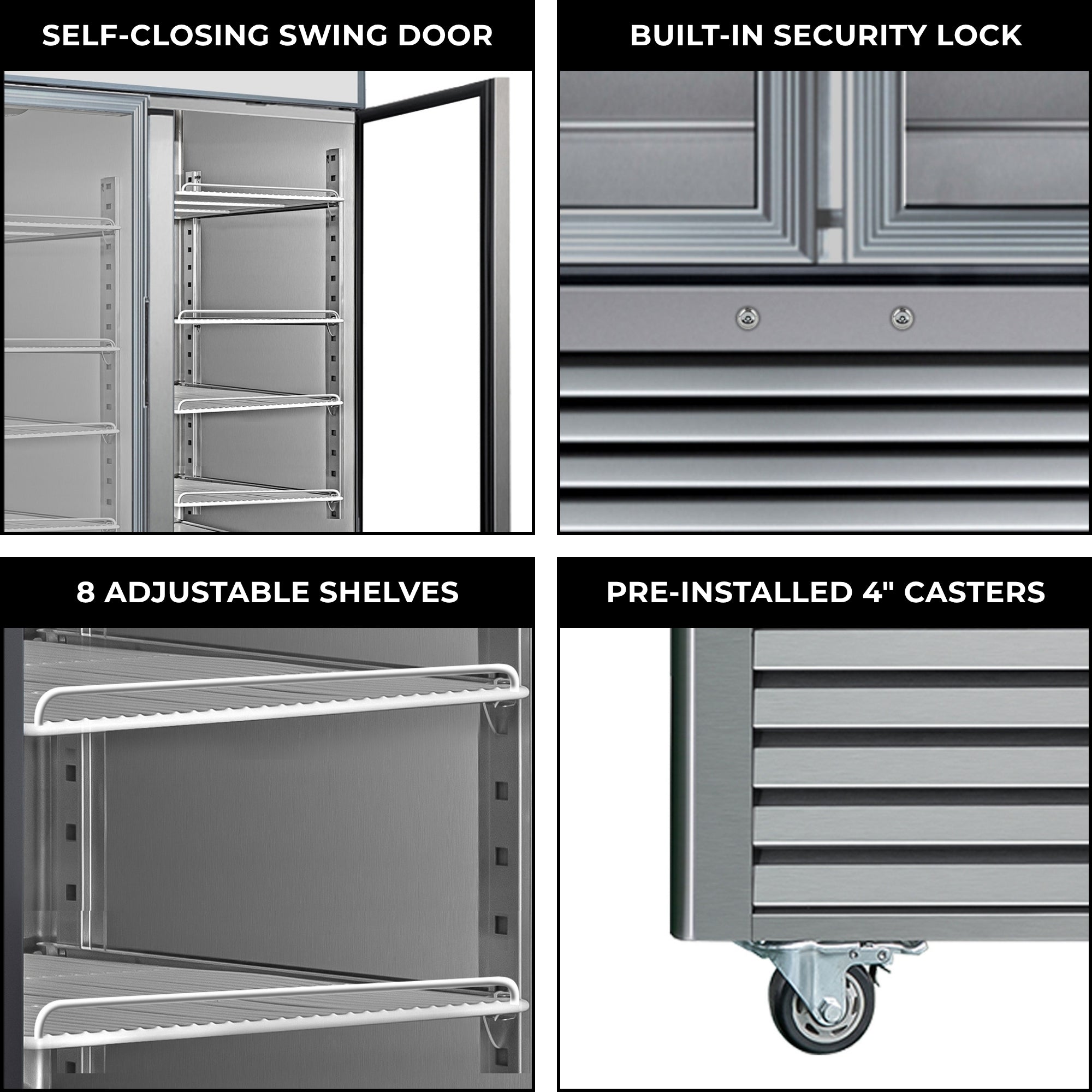 Four labeled closeup images show features of the Kenmore Pro upright display freezer: Self-closing swing door; built-in security lock; 8 adjustable shelves; pre-installed 4" casters.