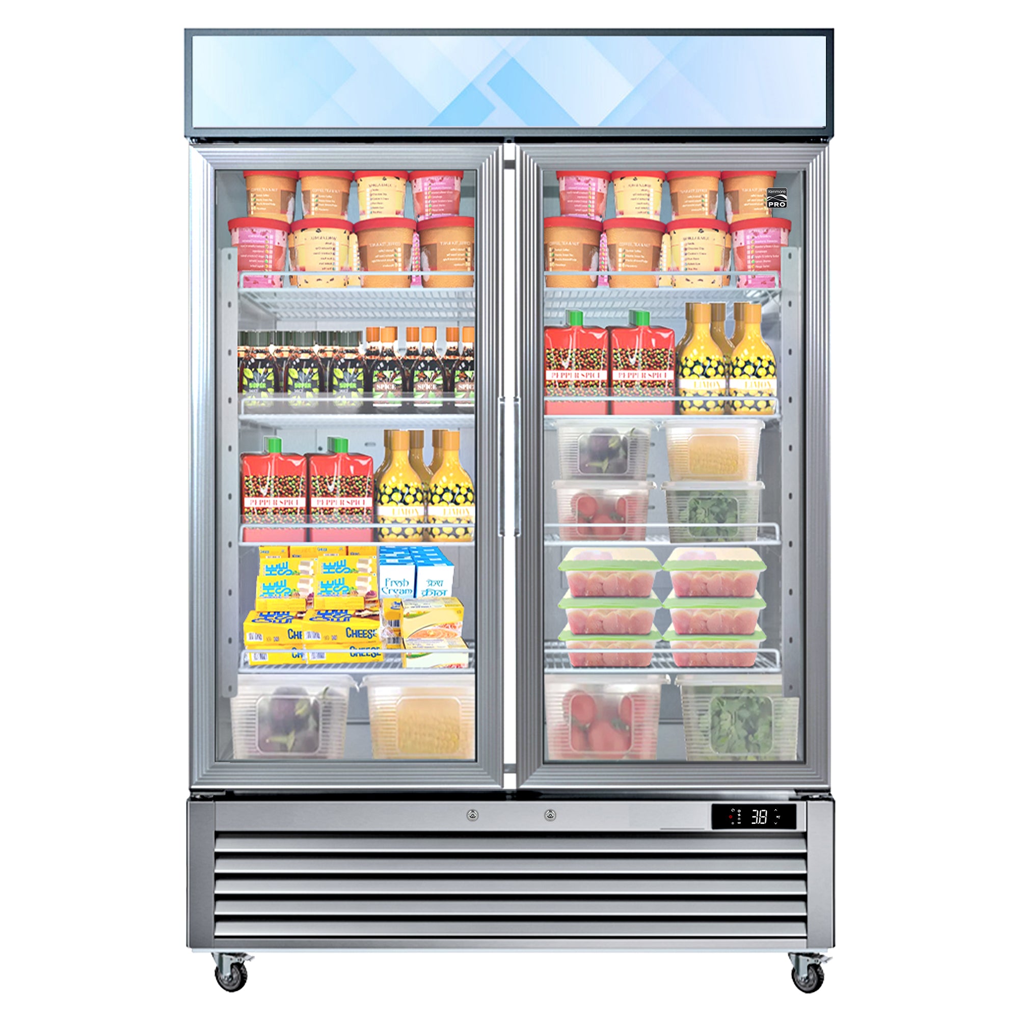 Kenmore Pro glass door convertible commercial fridge/freezer filled with refrigerated food products on a white background.