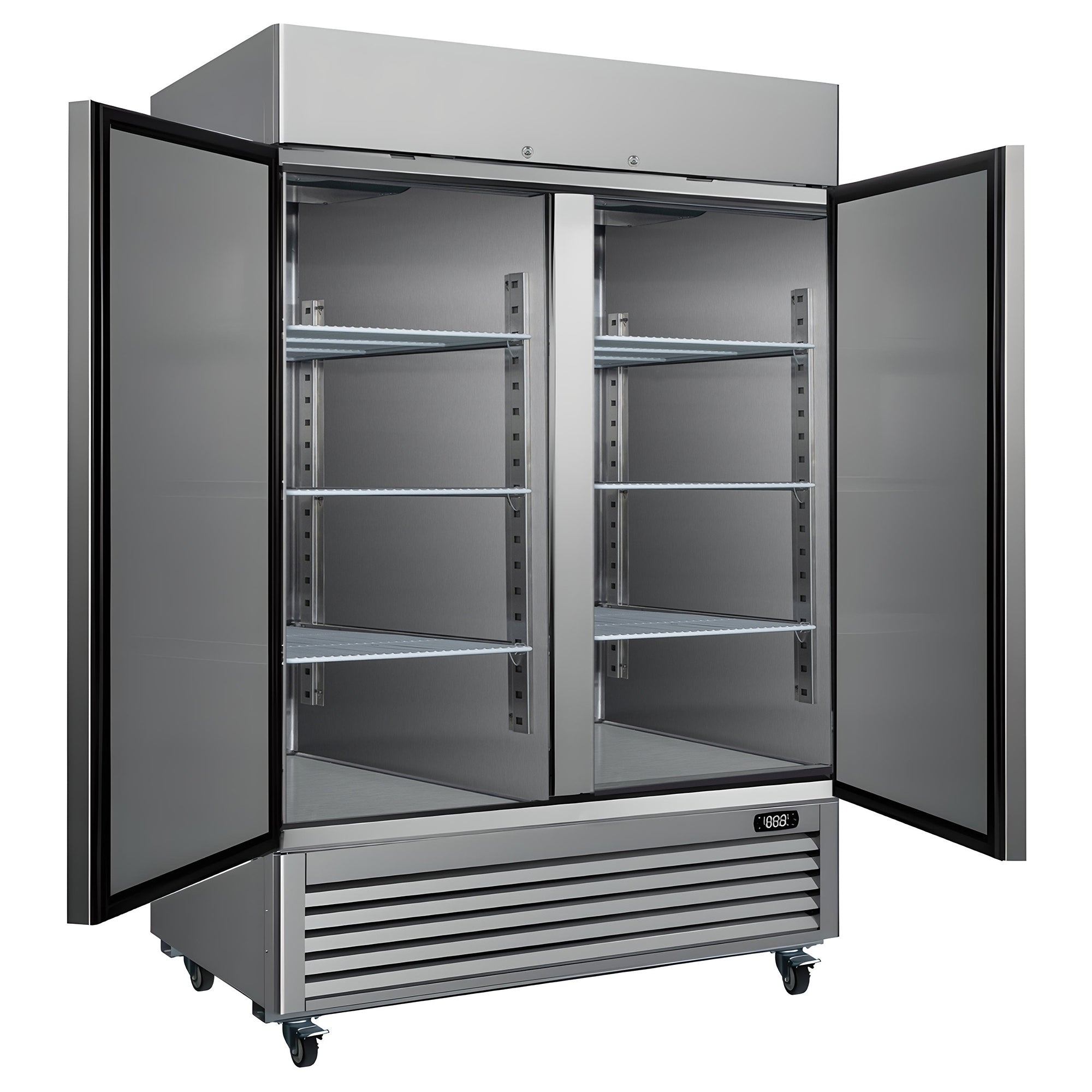 Kenmore Pro commercial reach-in solid door stainless steel convertible freezer/refrigerator, open, on a white background