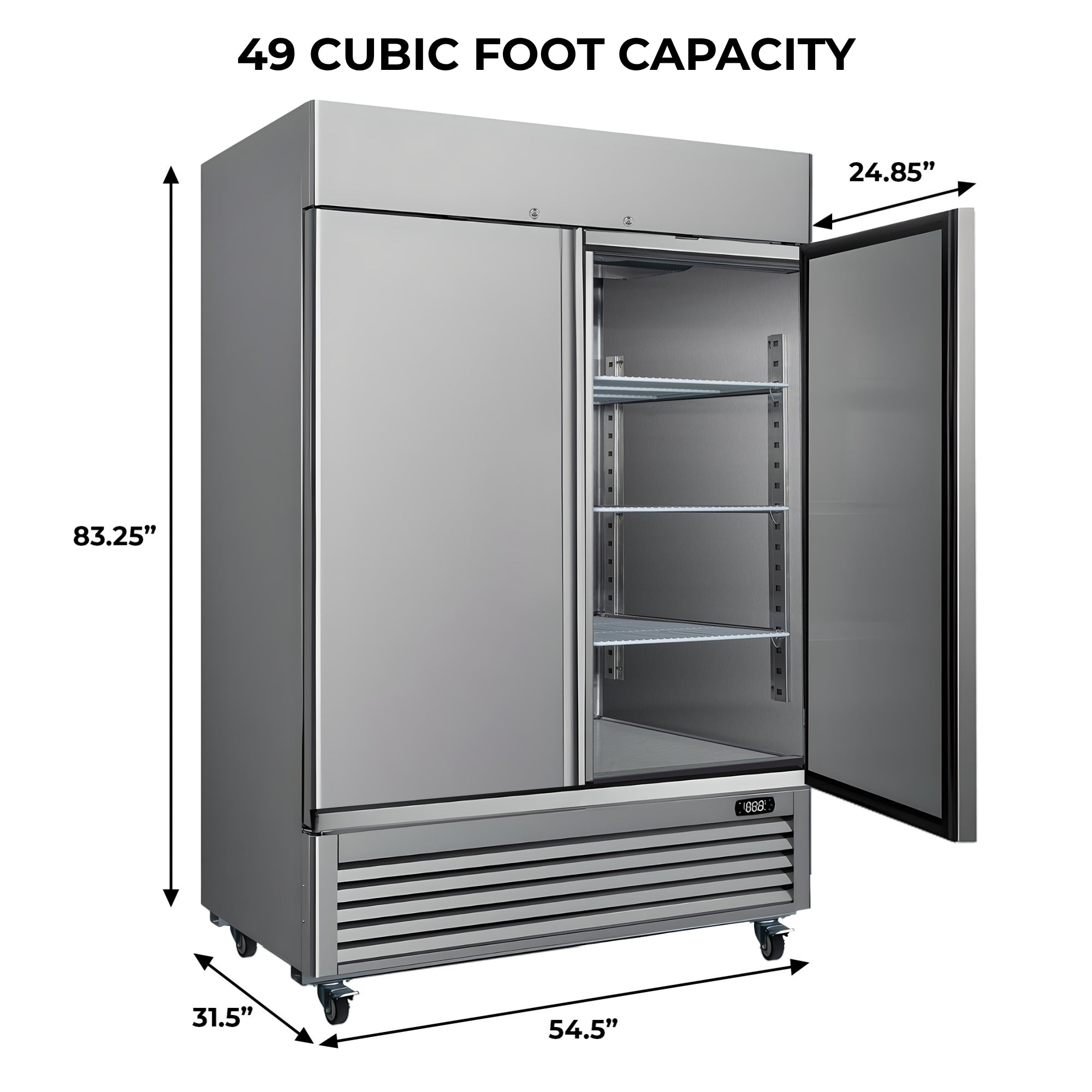 Kenmore Pro commercial reach-in solid door stainless steel convertible freezer/refrigerator on a white background with dimensions and capacity listed