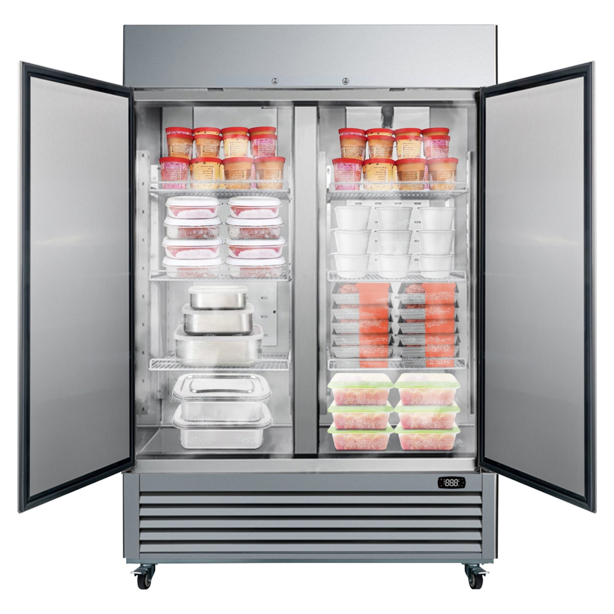 Kenmore Pro convertible commercial fridge/freezer filled with frozen food products on a white background.