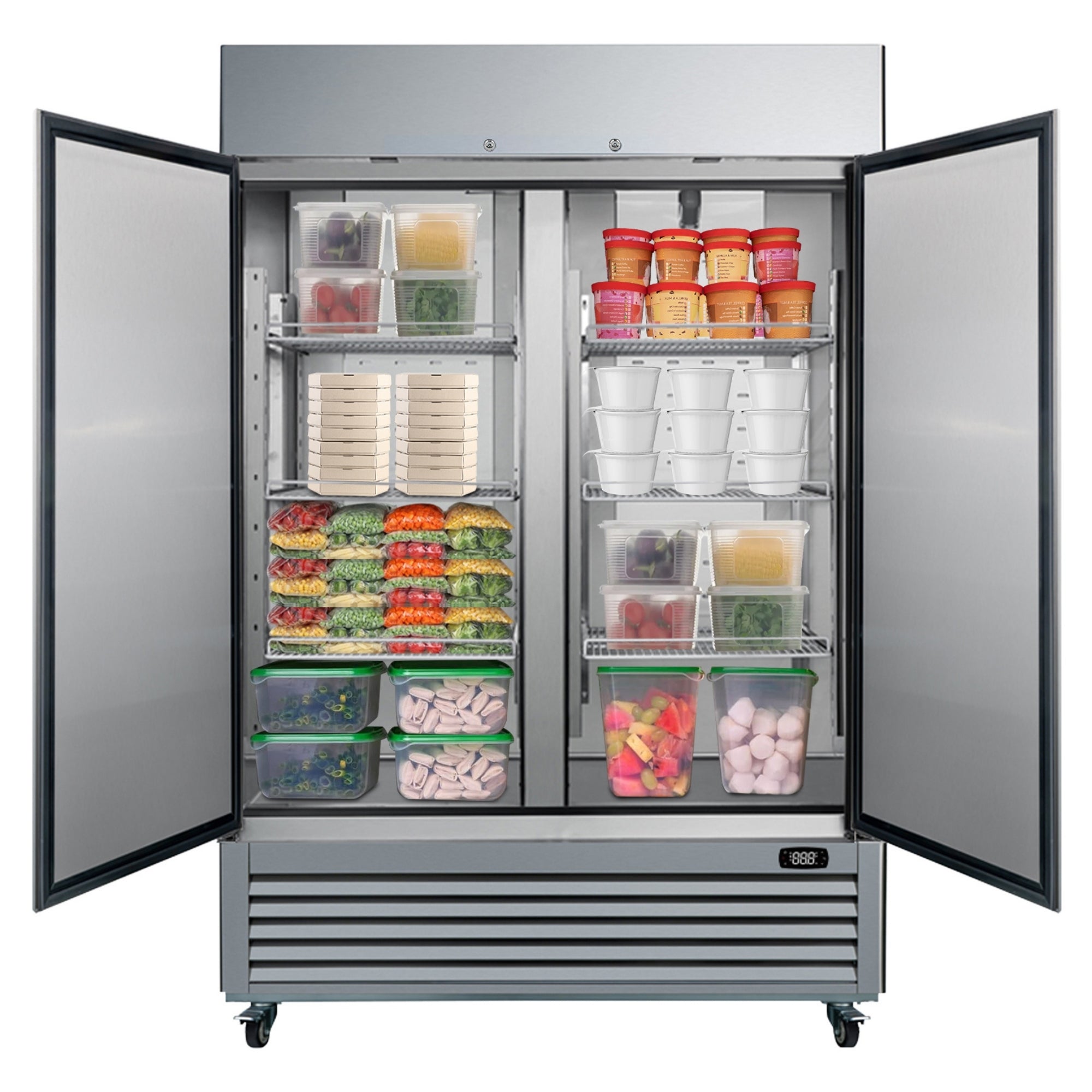 Kenmore Pro convertible commercial fridge/freezer filled with refrigerated food products on a white background.