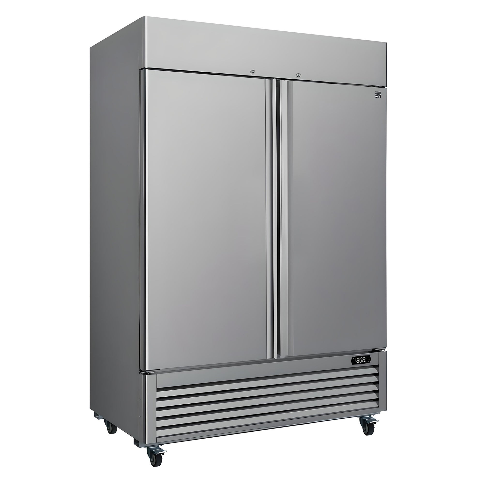 Kenmore Pro commercial reach-in solid door stainless steel convertible freezer/refrigerator, closed, on a white background