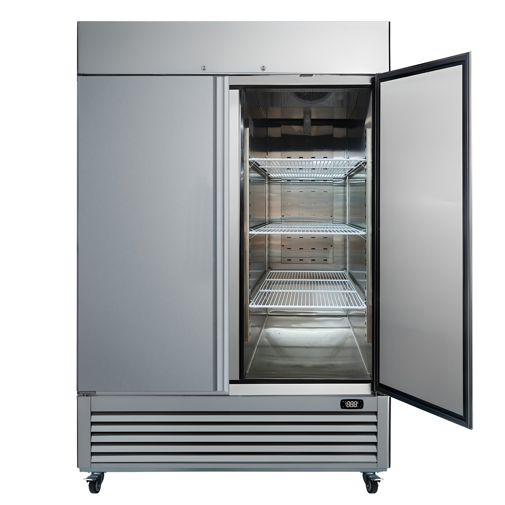 Kenmore Pro commercial reach-in solid door stainless steel convertible freezer/refrigerator with one door open, on a white background