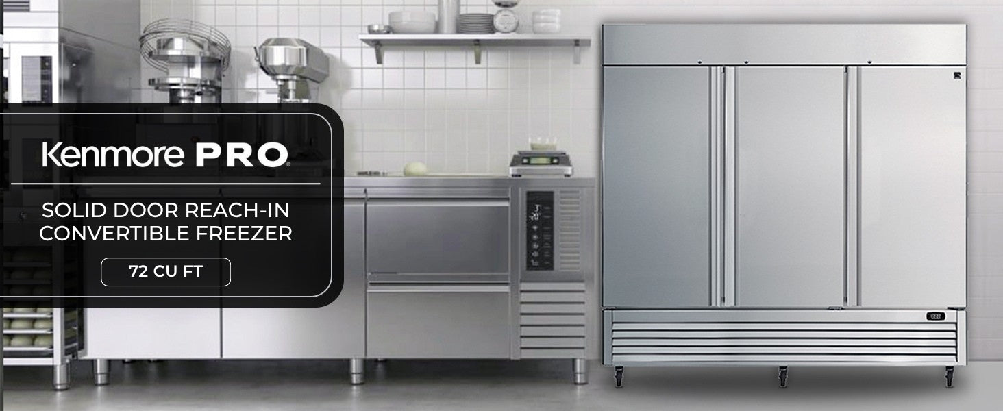 Kenmore Pro solid door commercial freezer, closed, in a commercial kitchen