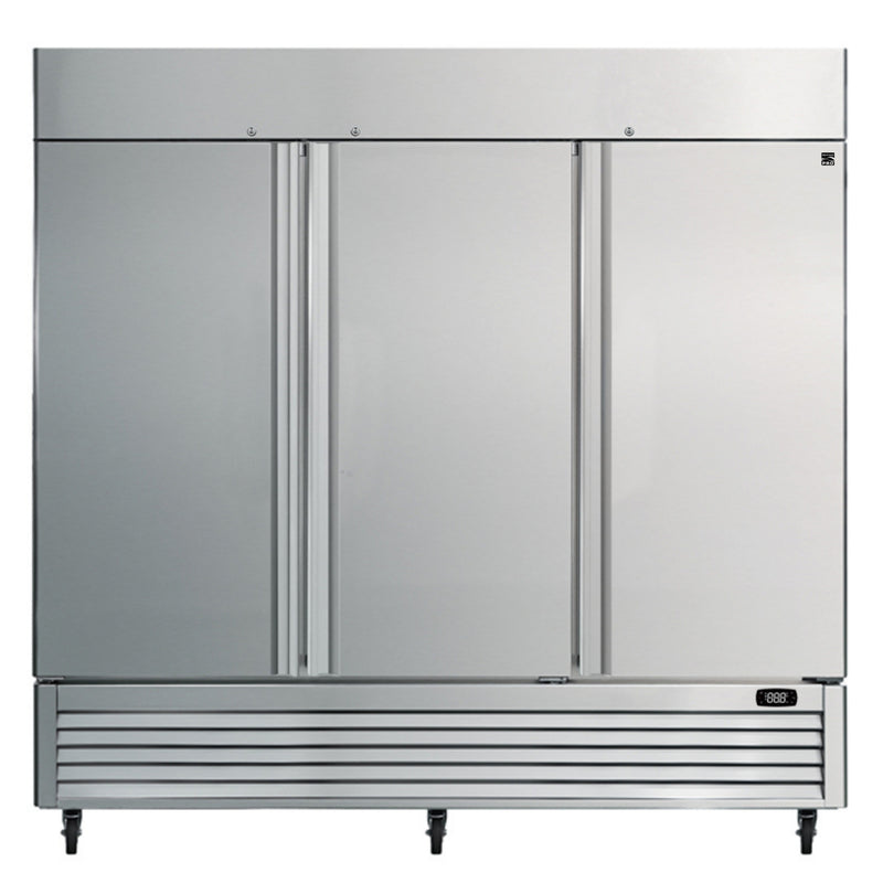 Kenmore Pro commercial reach-in solid door stainless steel convertible freezer/refrigerator, closed, on a white background