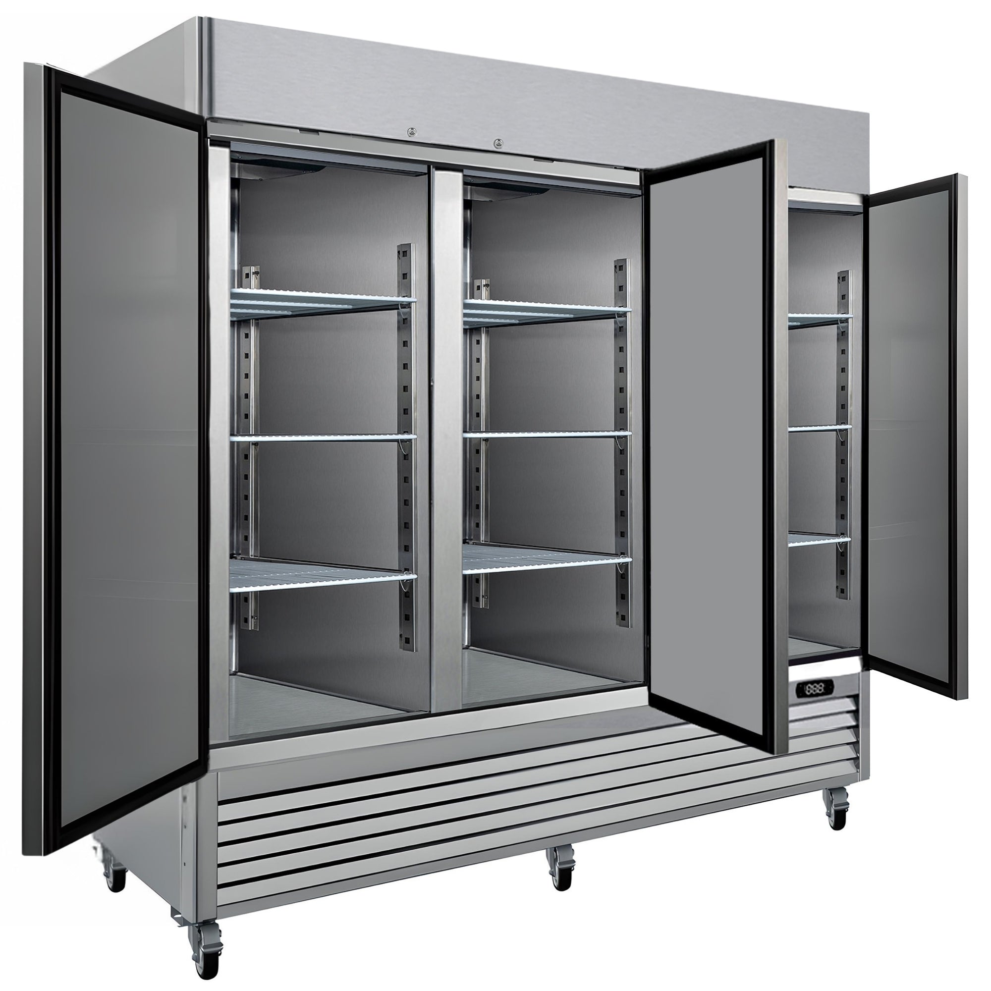 Kenmore Pro commercial reach-in solid door stainless steel convertible freezer/refrigerator, open, on a white background