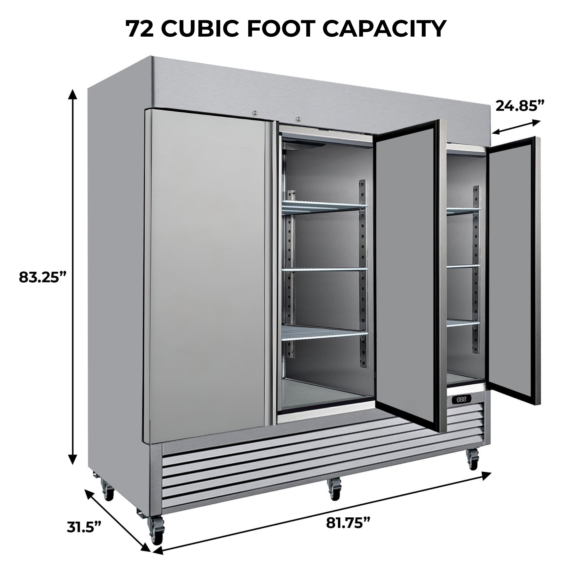 Kenmore Pro commercial reach-in solid door stainless steel convertible freezer/refrigerator on a white background with dimensions and capacity listed