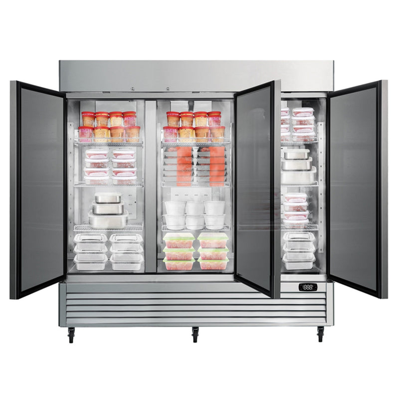 Kenmore Pro convertible commercial fridge/freezer filled with frozen food products on a white background.