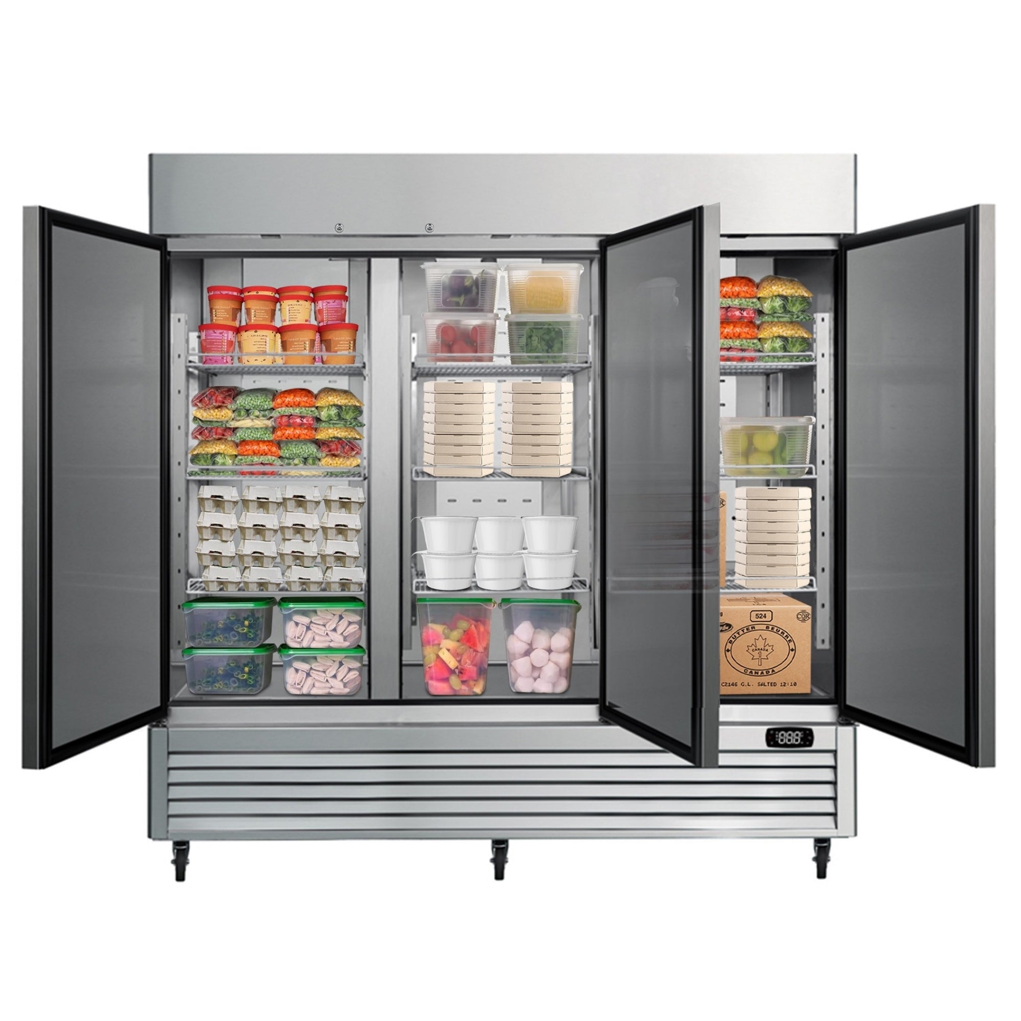 Kenmore Pro convertible commercial fridge/freezer filled with refrigerated food products on a white background.