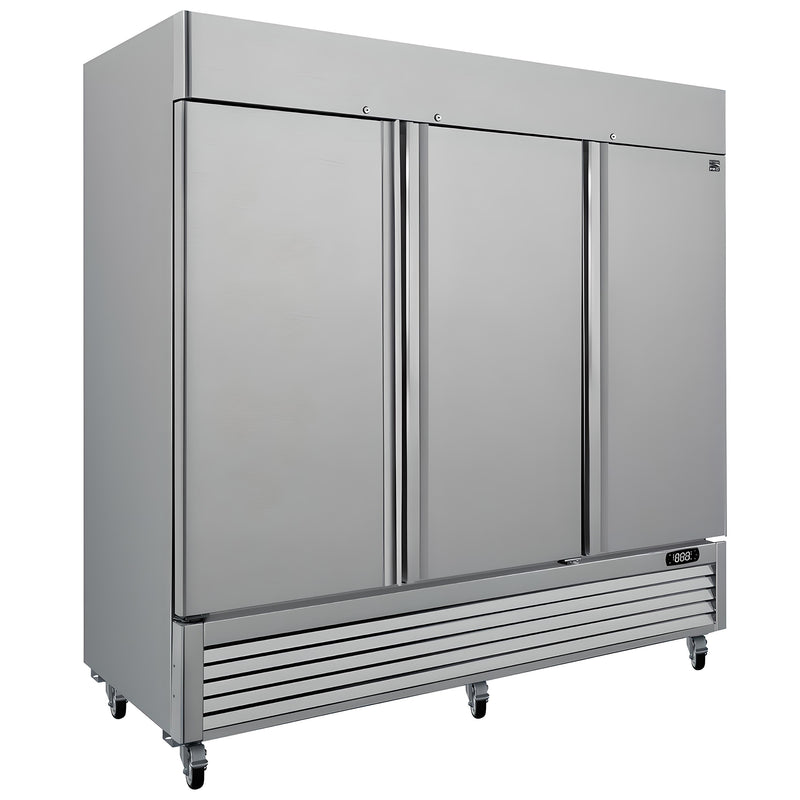 Kenmore Pro commercial reach-in solid door stainless steel convertible freezer/refrigerator, closed, on a white background
