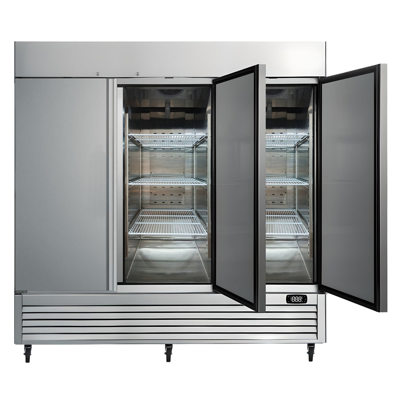 Kenmore Pro commercial reach-in solid door stainless steel convertible freezer/refrigerator with one door open, on a white background