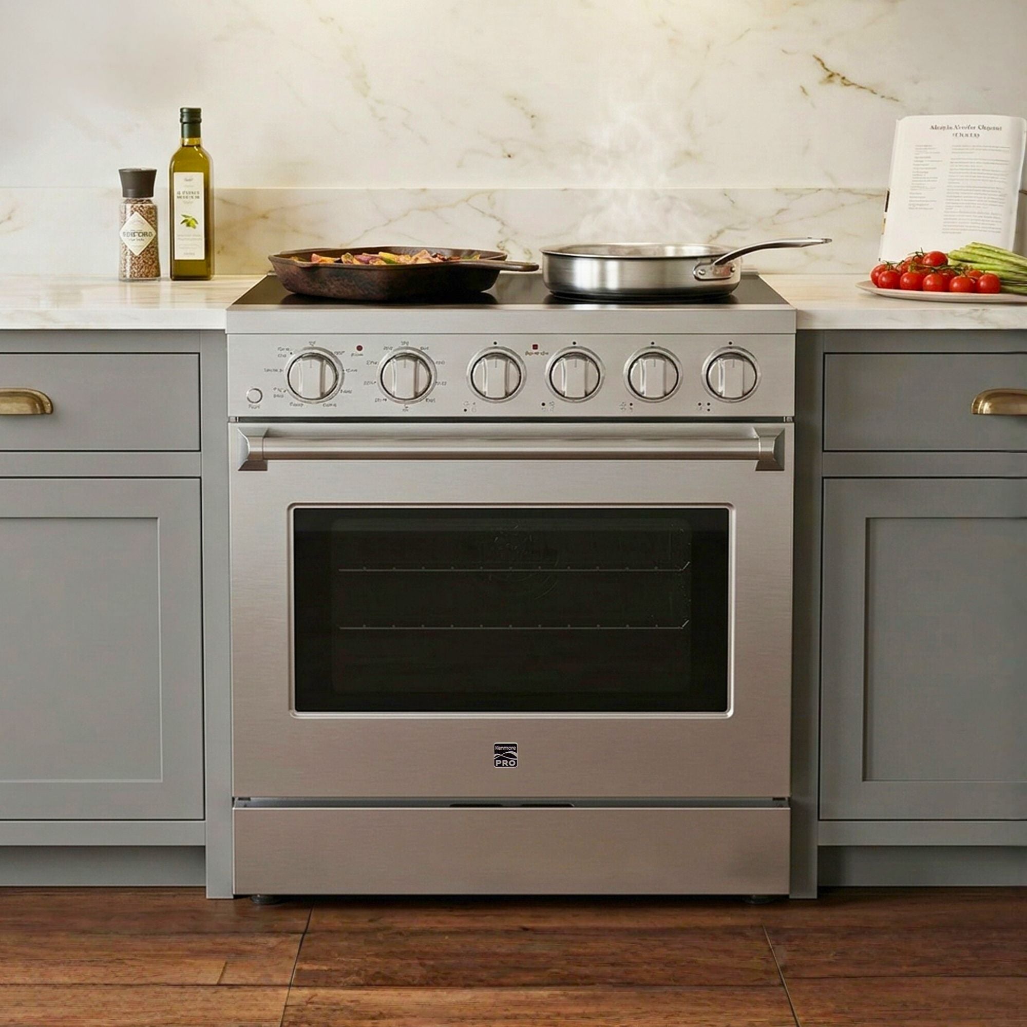 Kenmore PRO stainless steel front-control range installed in a bright, modern residential kitchen
