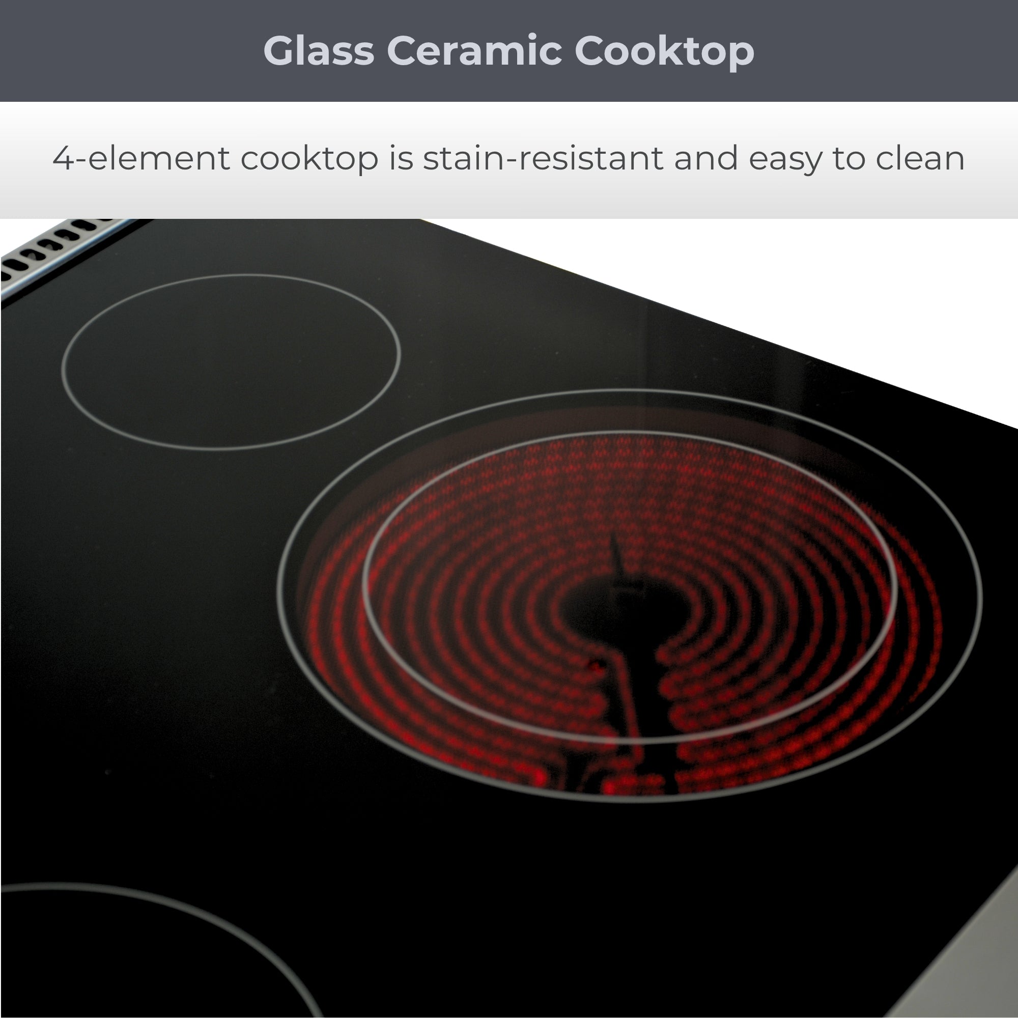Closeup view of the Kenmore PRO stainless steel front-control range showing a glowing red surface element. Text above reads, "Glass Ceramic Cooktop: 4-element cooktop is stain-resistant and easy to clean"