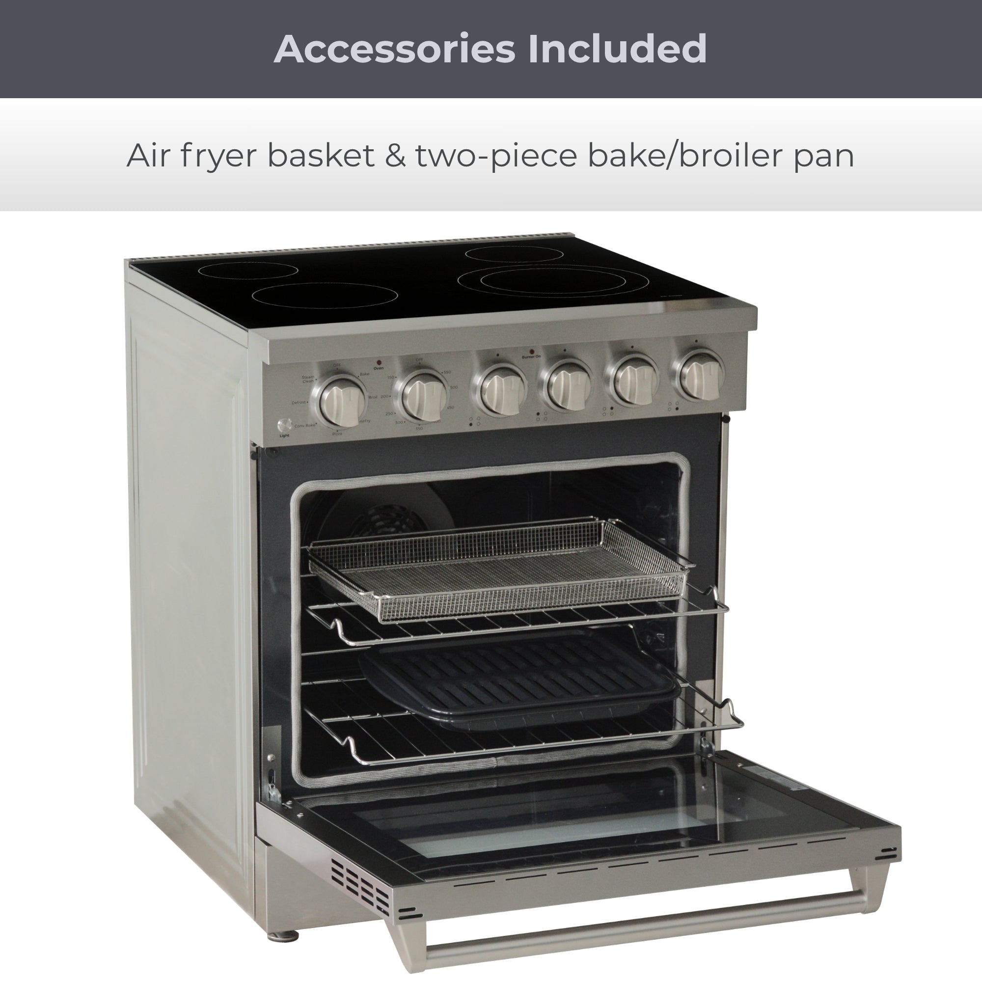 Kenmore PRO stainless steel front-control range, open with air fryer basket and bake/broiler pan inside, on a white background. Text above reads, "Accessories Included: Air fryer basket & two-piece bake/broiler pan"