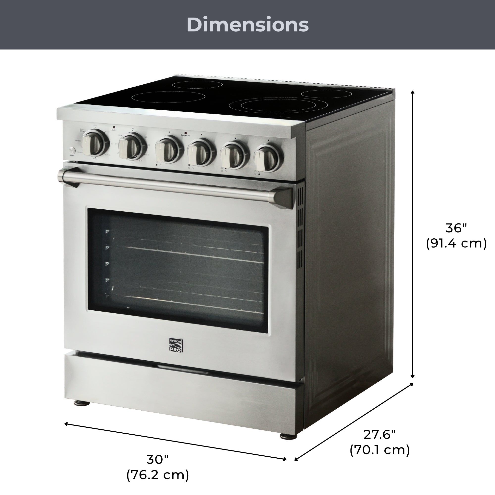 Kenmore PRO stainless steel front-control range, closed, on a white background, with dimensions labeled