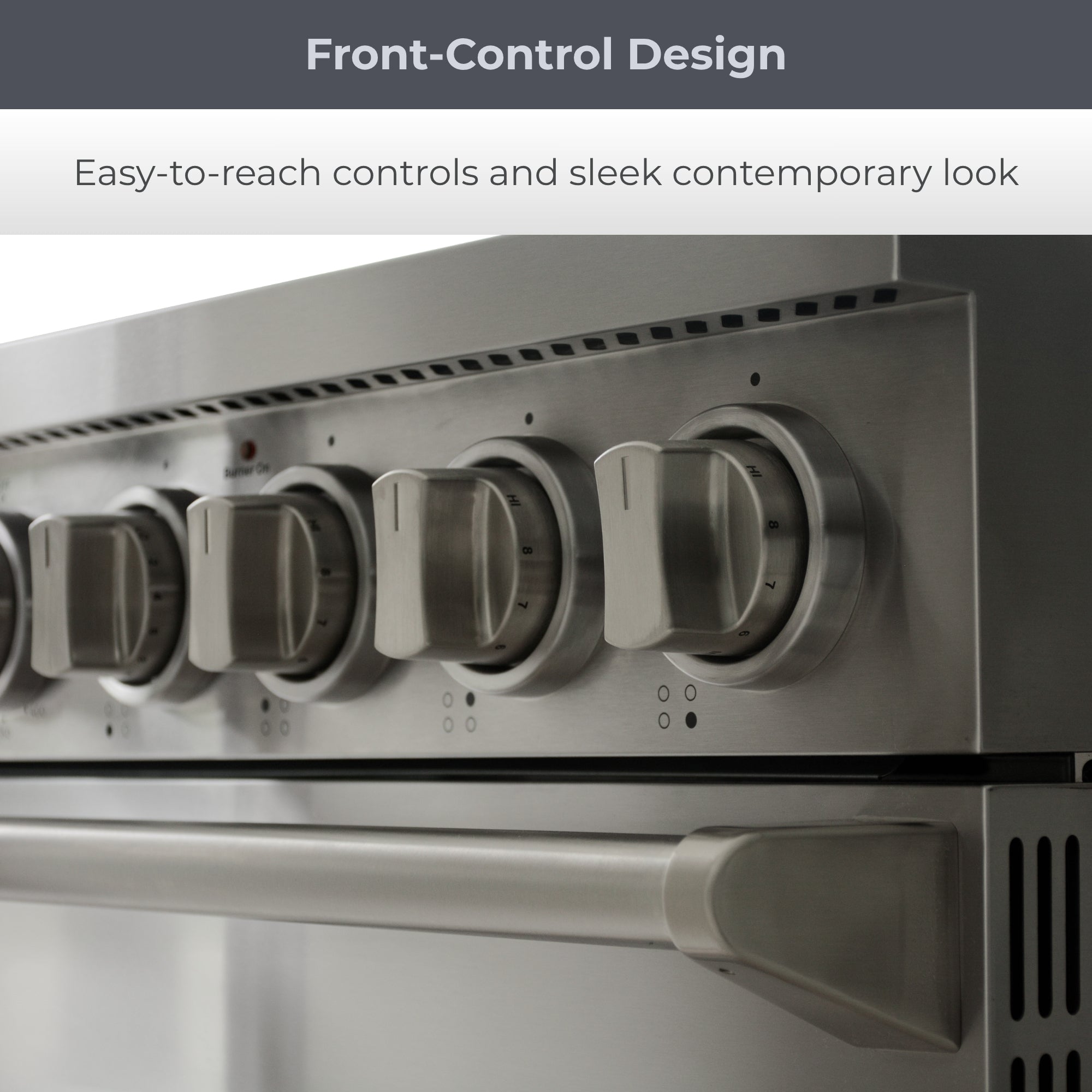 Closeup of front of the Kenmore PRO stainless steel front-control range showing the control knobs and oven door handle. Text above reads, "Front-Control Design: Easy-to-reach controls and sleek contemporary look"