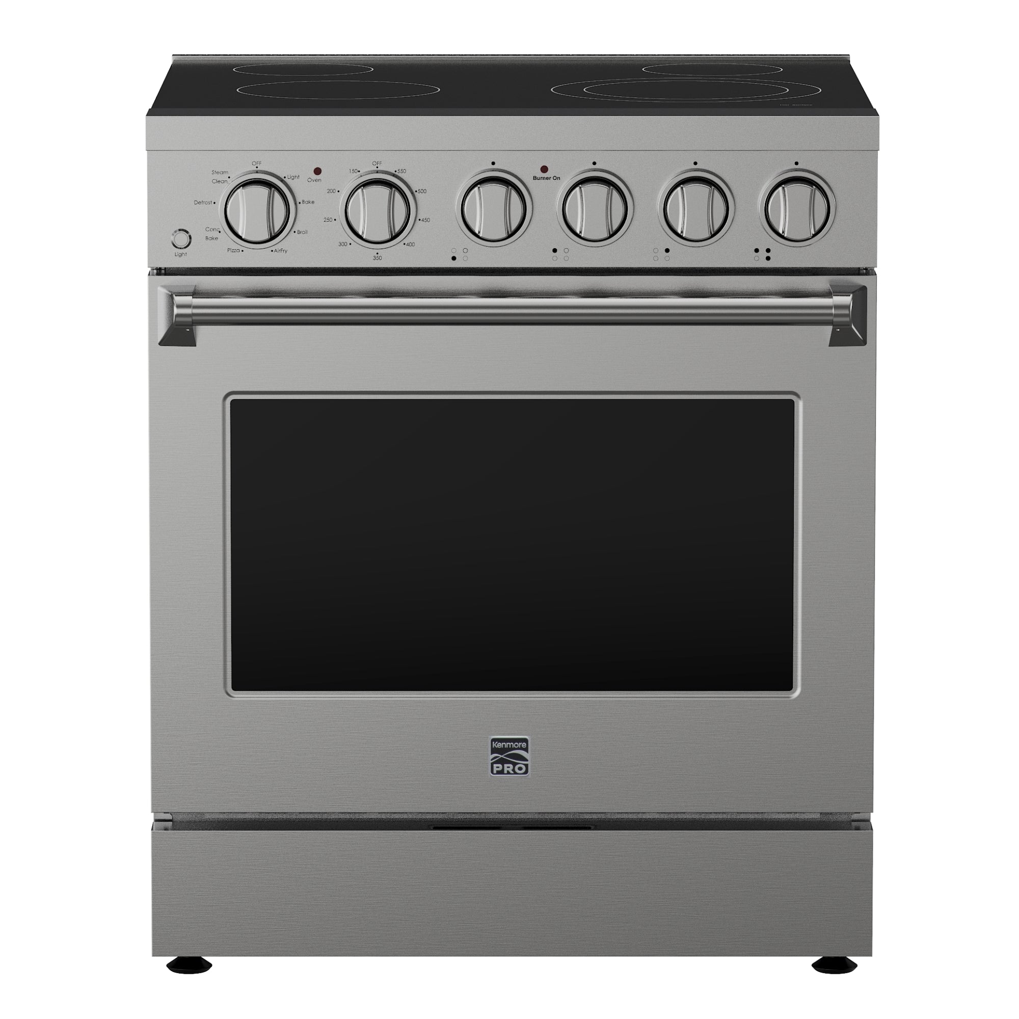 Kenmore PRO stainless steel front-control range, closed, on a white background