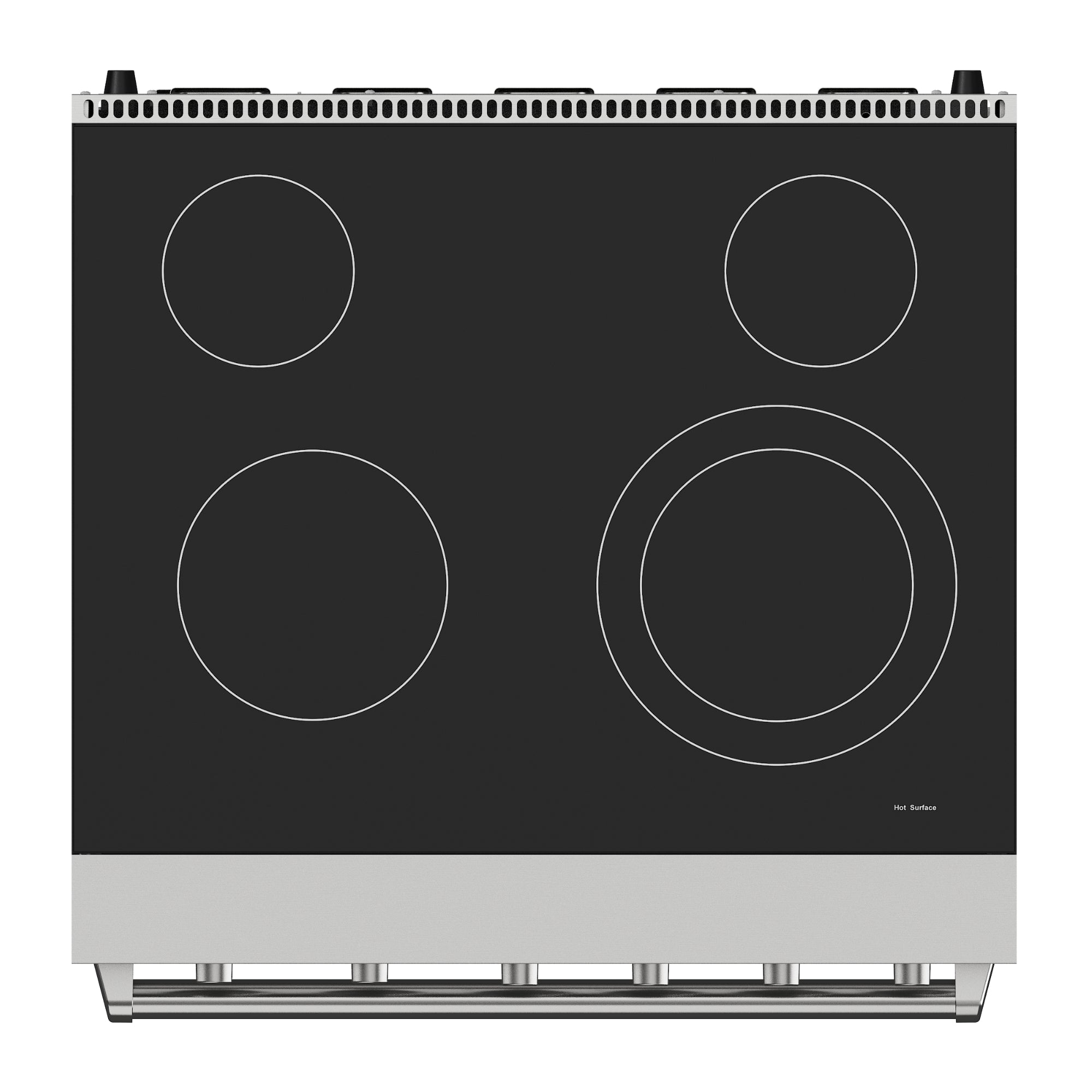 Top view of the Kenmore PRO stainless steel front-control range showing the smooth black ceramic glass 4-element cooktop