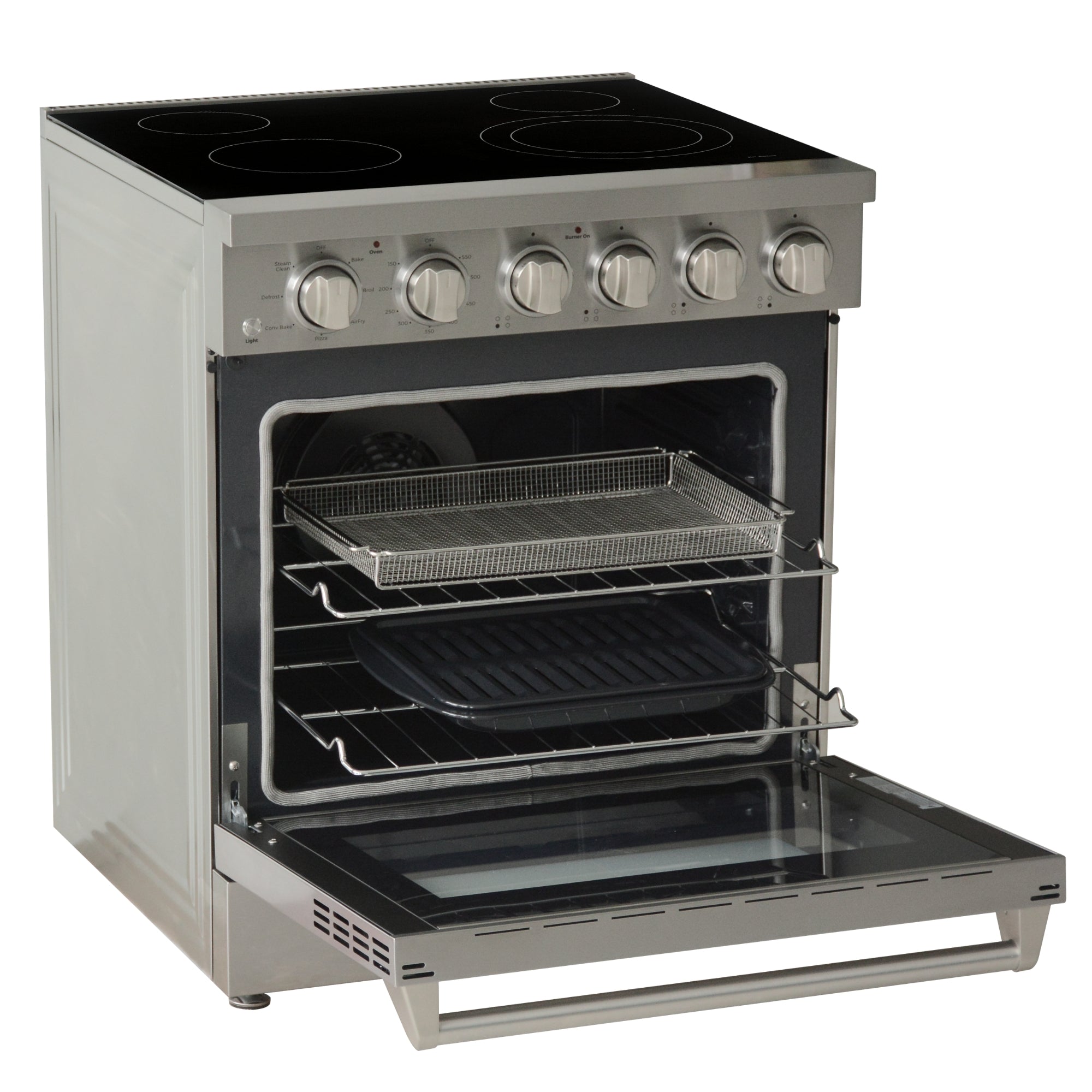 Kenmore PRO stainless steel front-control range, open with air fryer basket and bake/broiler pan inside, on a white background