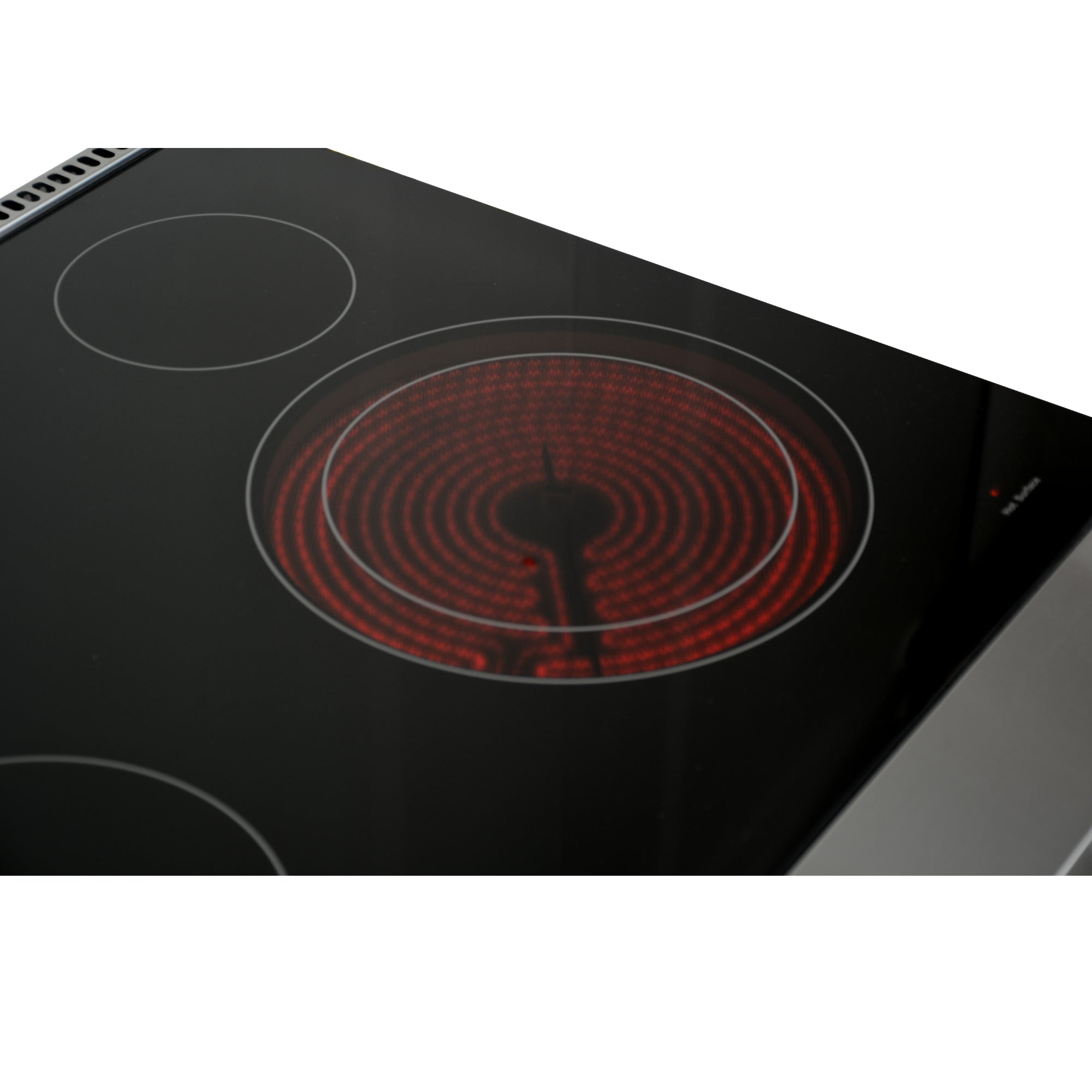 Closeup view of the Kenmore PRO stainless steel front-control range showing a glowing red surface element