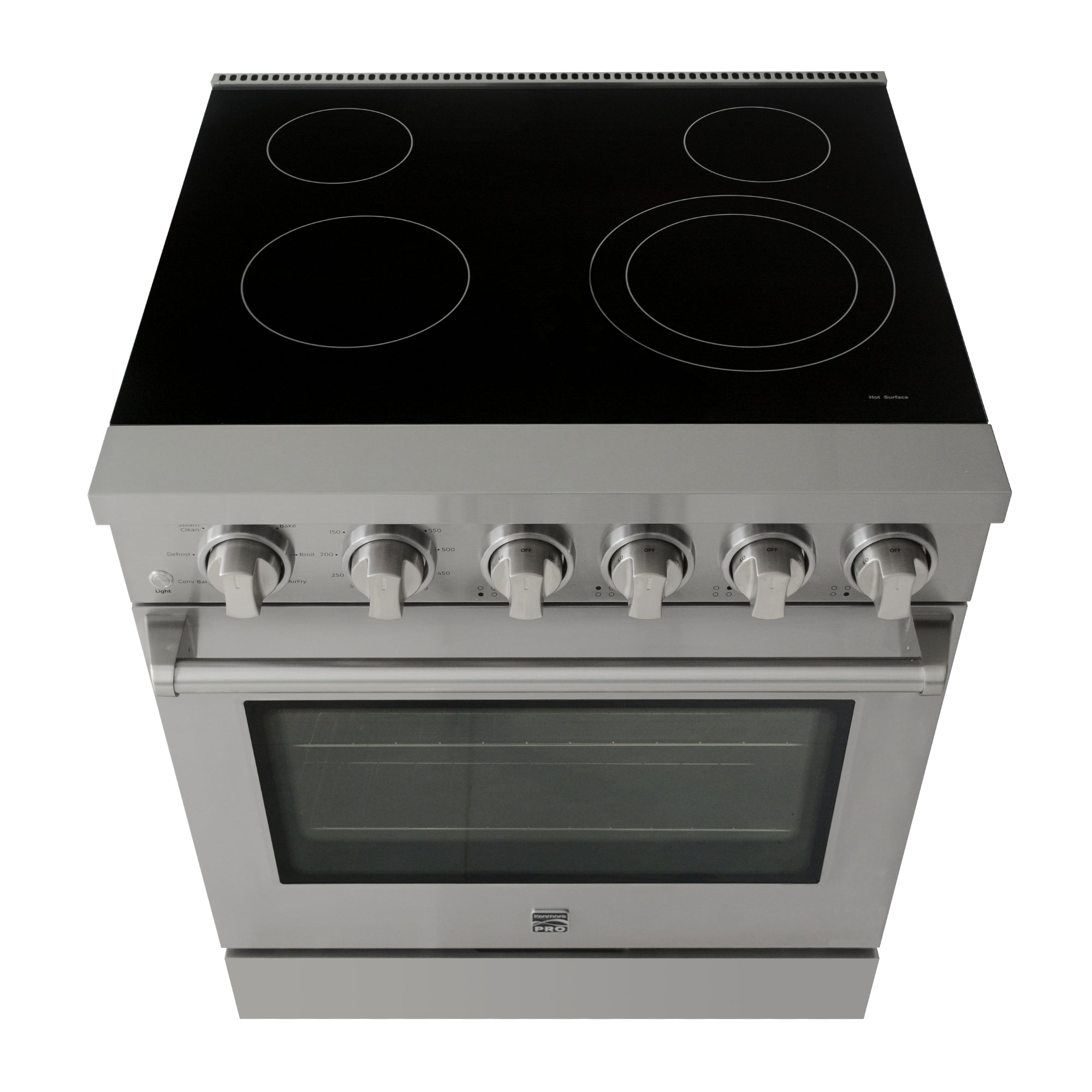 Top angled view of the Kenmore PRO stainless steel front-control range, closed, on a white background