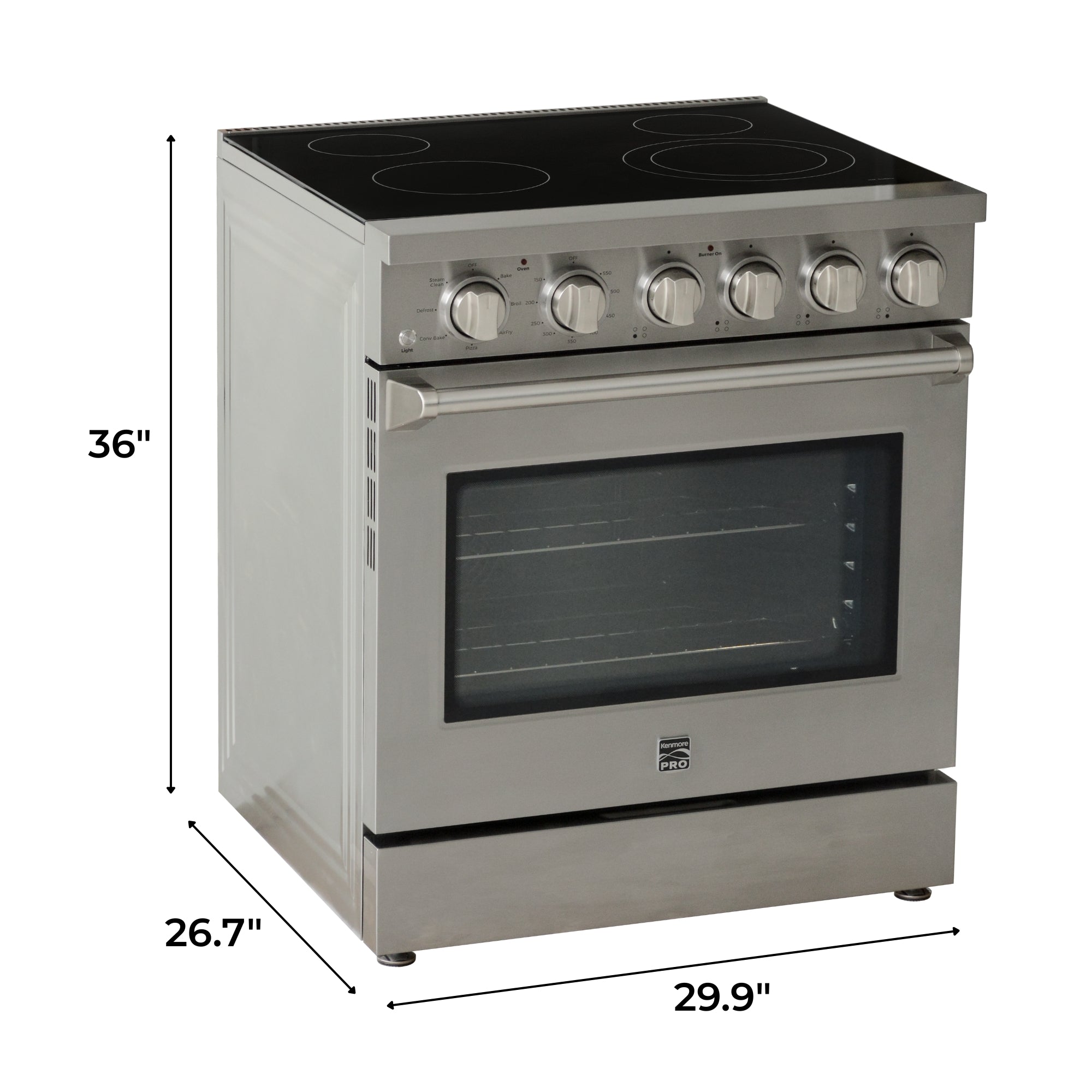 Kenmore PRO stainless steel front-control range, closed, on a white background, with dimensions labeled