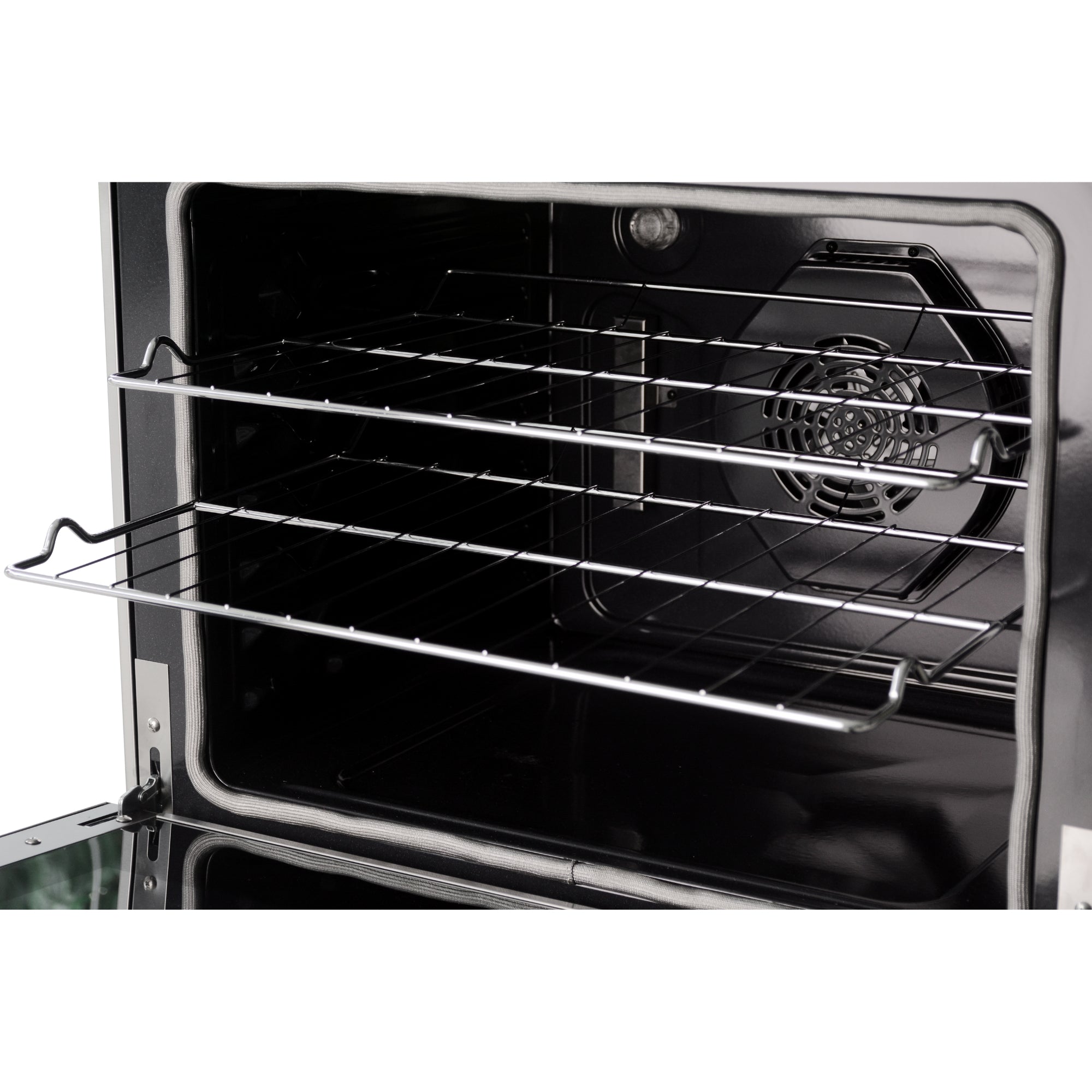 Closeup view of the open Kenmore PRO stainless steel front-control range showing the chrome oven racks partly pulled out