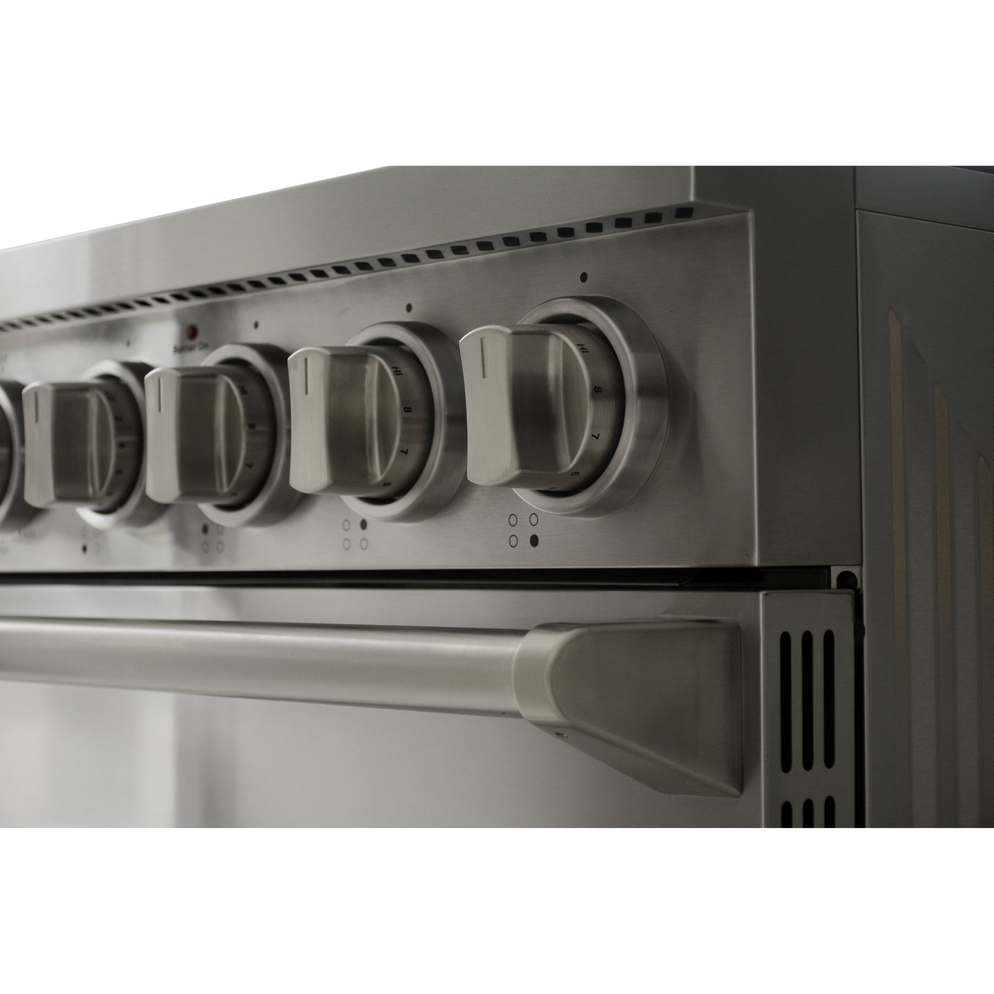 Closeup of front of the Kenmore PRO stainless steel front-control range showing the control knobs and oven door handle