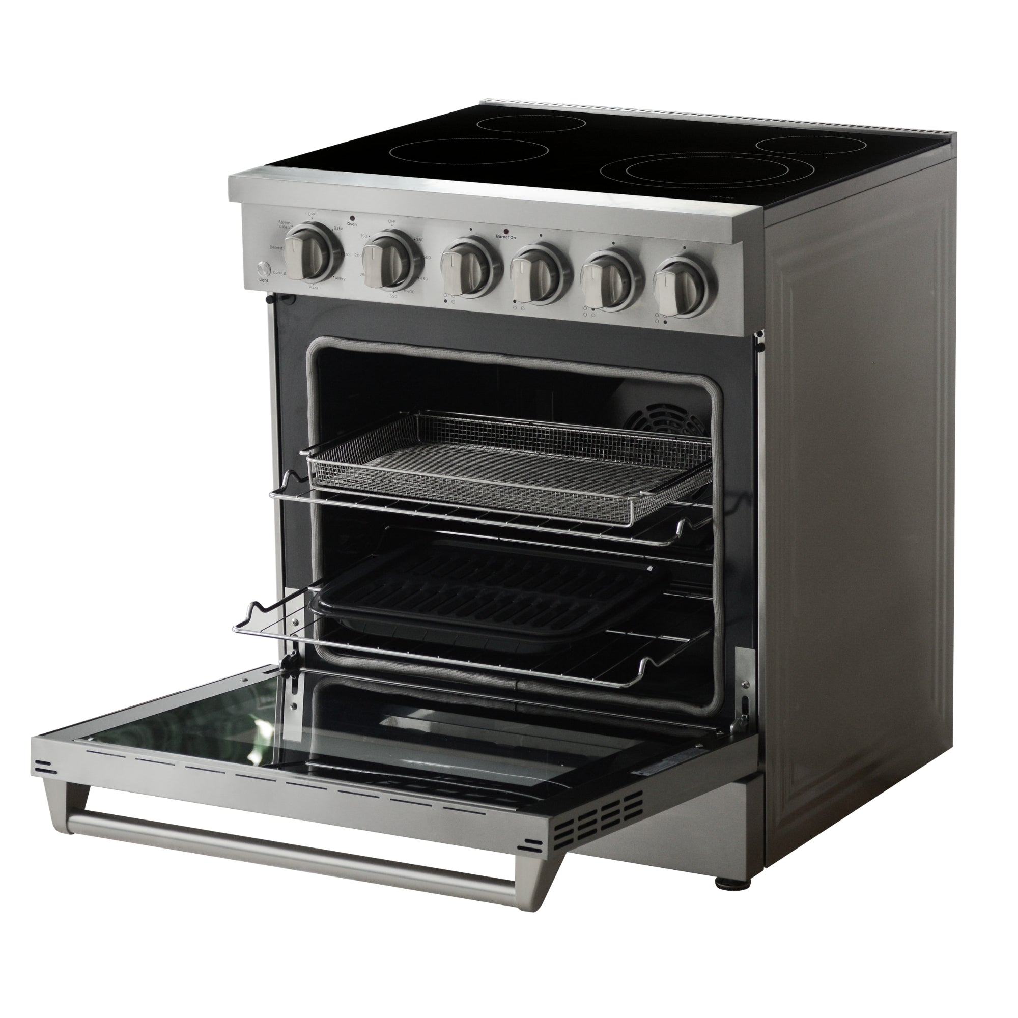 Kenmore PRO stainless steel front-control range, open with air fryer basket and bake/broiler pan inside, on a white background