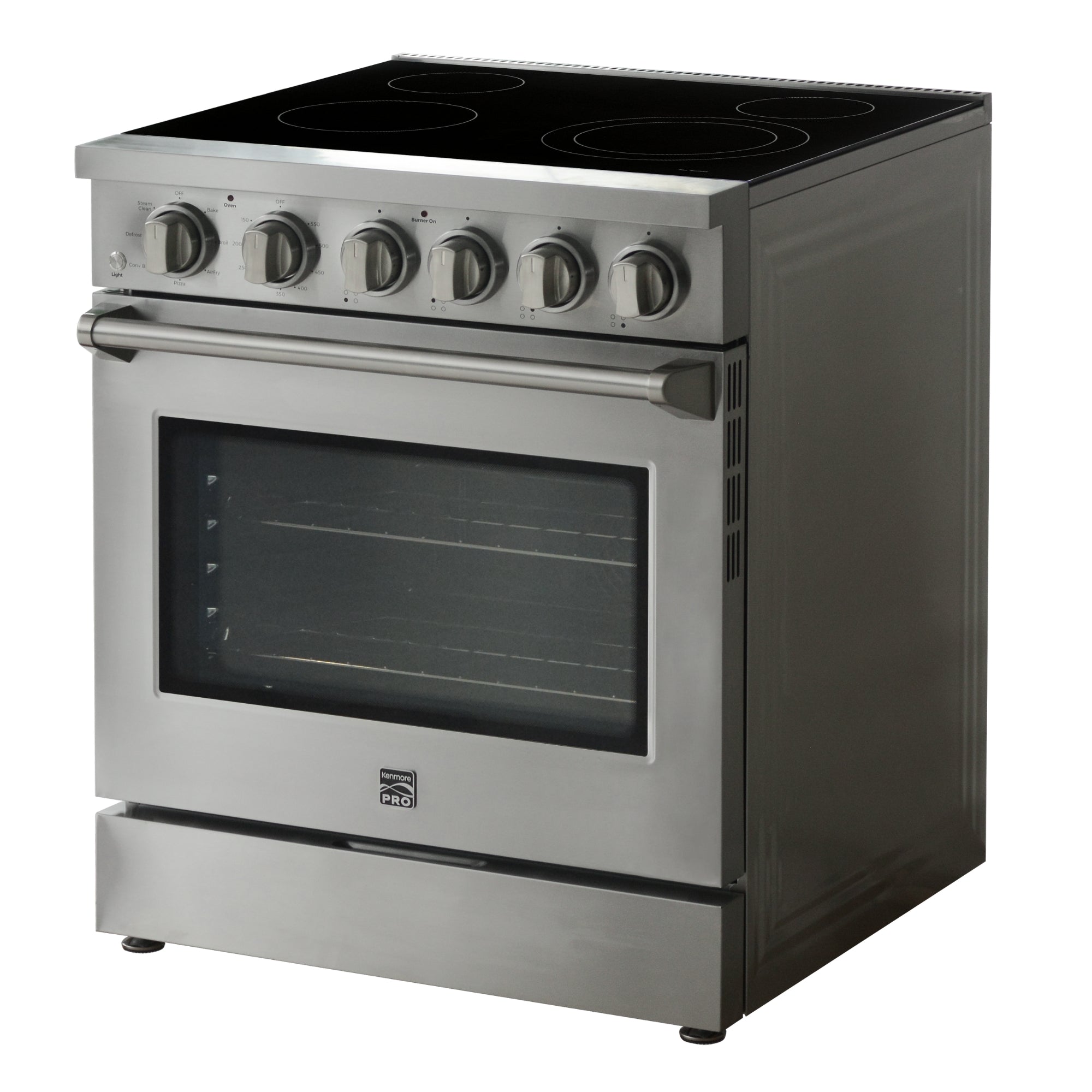 Kenmore PRO stainless steel front-control range, closed, on a white background