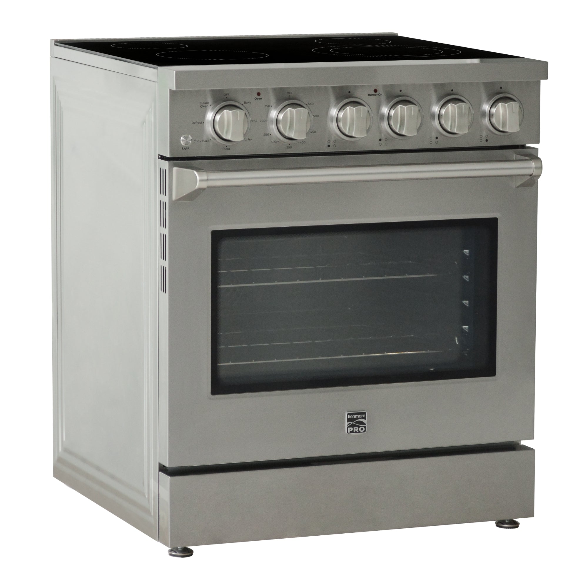 Kenmore PRO stainless steel front-control range, closed, on a white background
