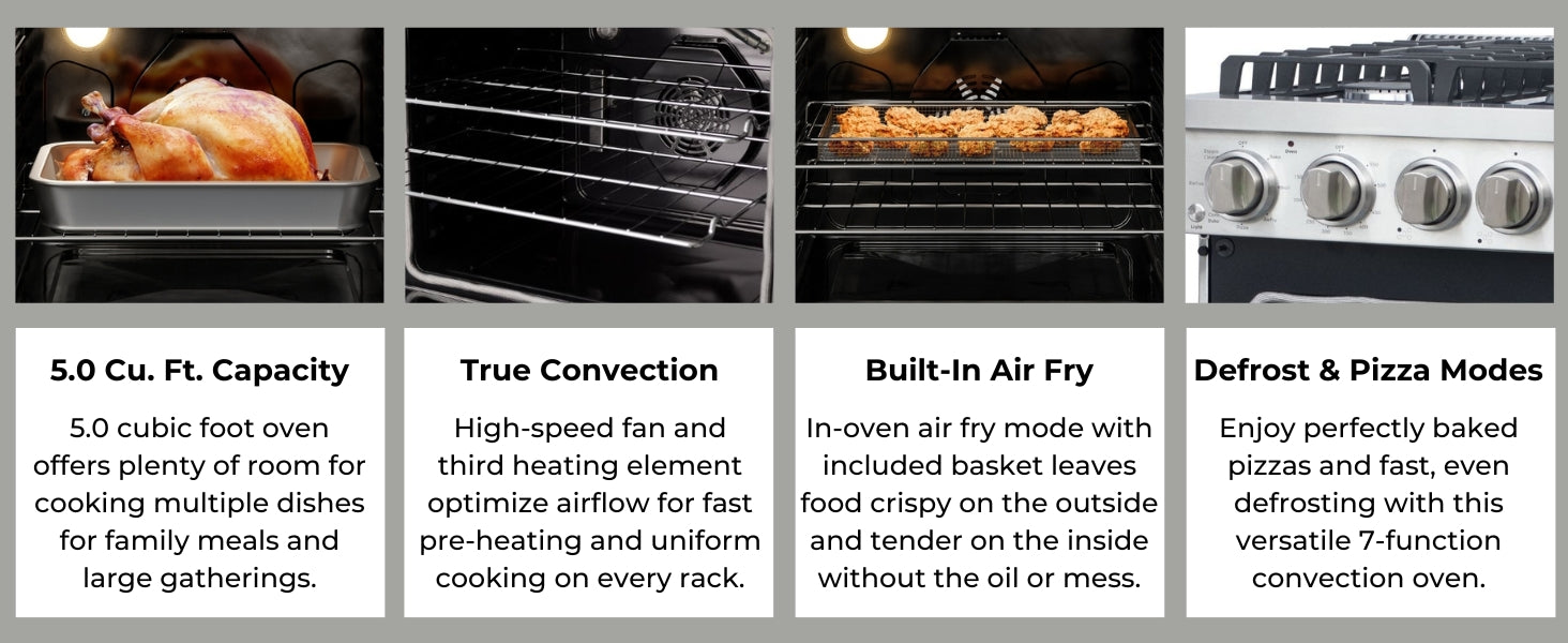 Four images with text describe functions of the Kenmore Pro stainless steel range: 5.0 cu ft capacity; true convection; built-in air fry; defrost and pizza modes.
