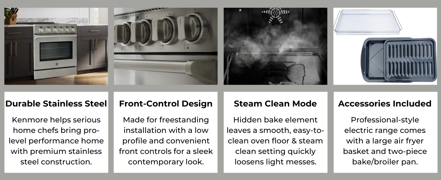Four images with text describe functions of the Kenmore Pro stainless steel range: Durable stainless steel; front-control design; steam clean mode; accessories included.