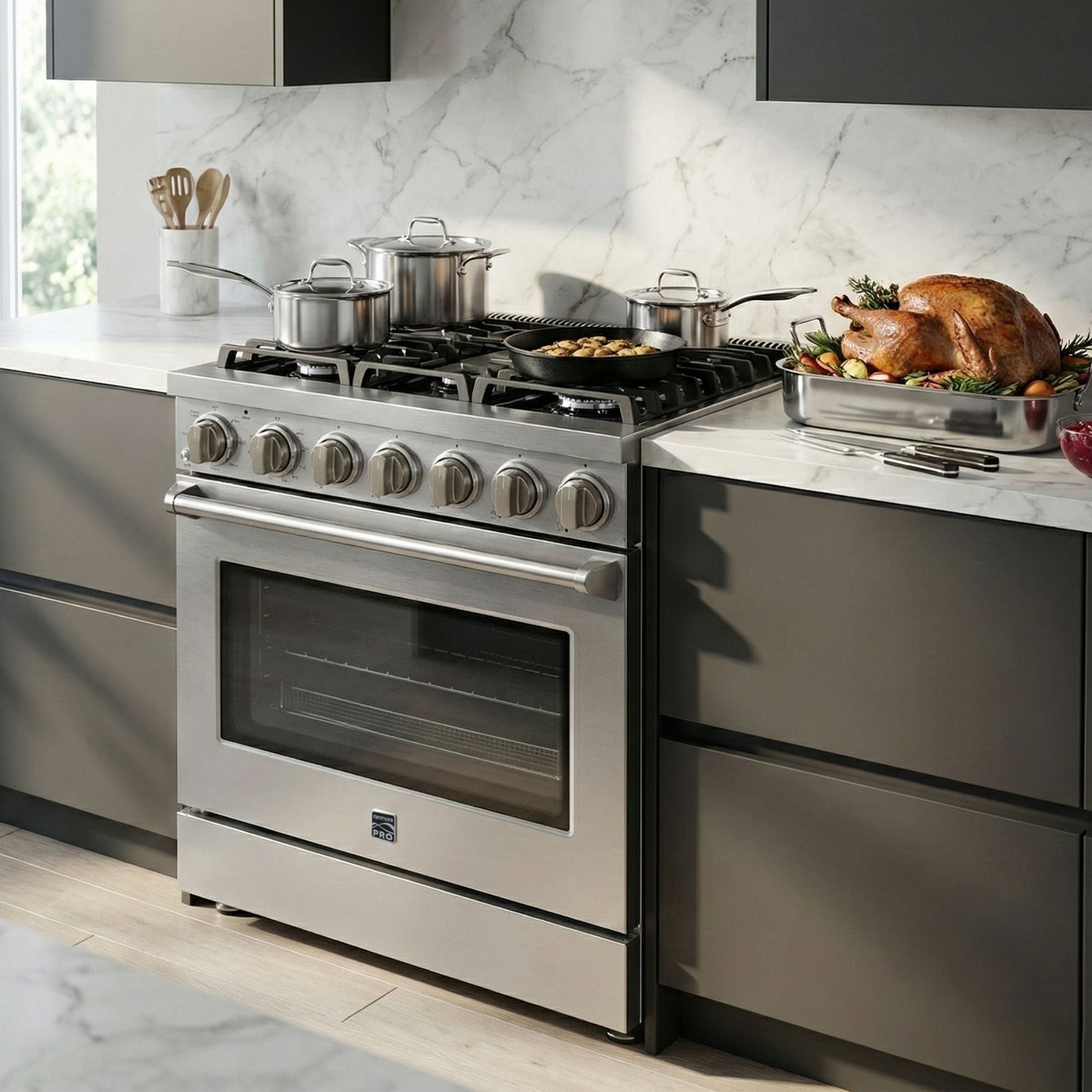 Kenmore PRO stainless steel front-control range installed in a bright, modern residential kitchen