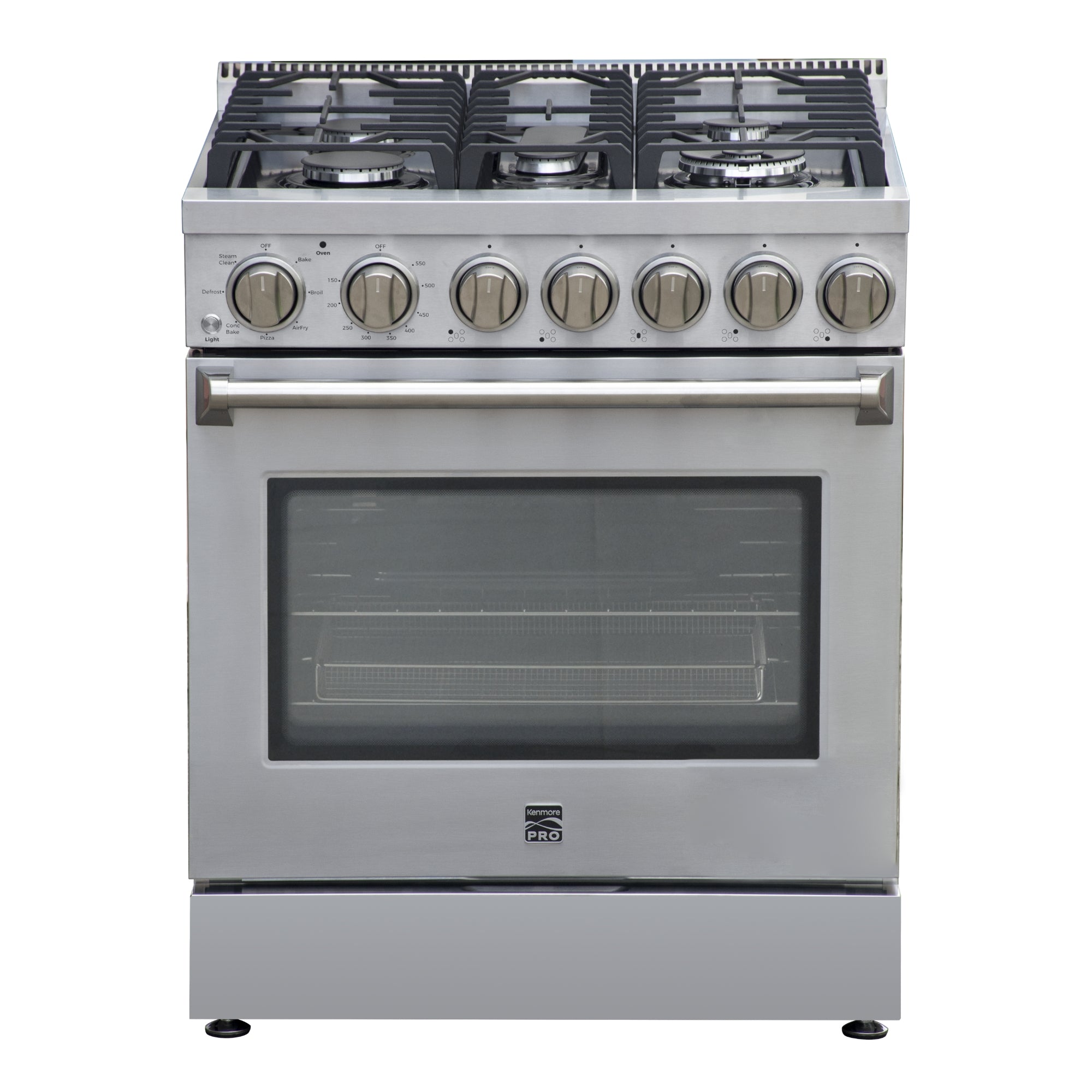 Kenmore PRO stainless steel front-control range, closed, on a white background