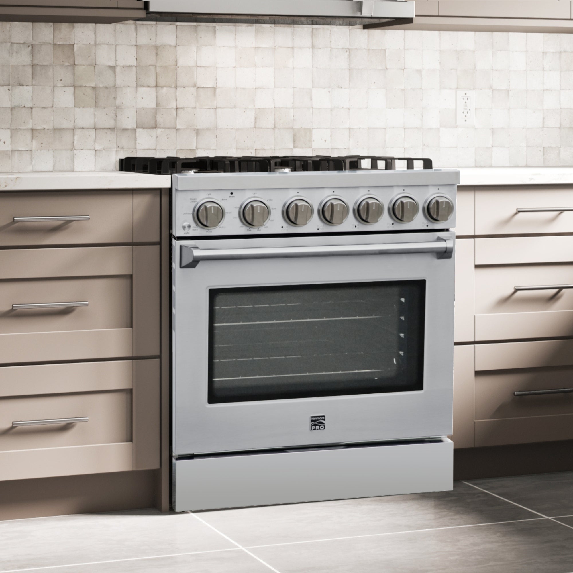 Kenmore PRO stainless steel front-control range installed in a bright, modern residential kitchen
