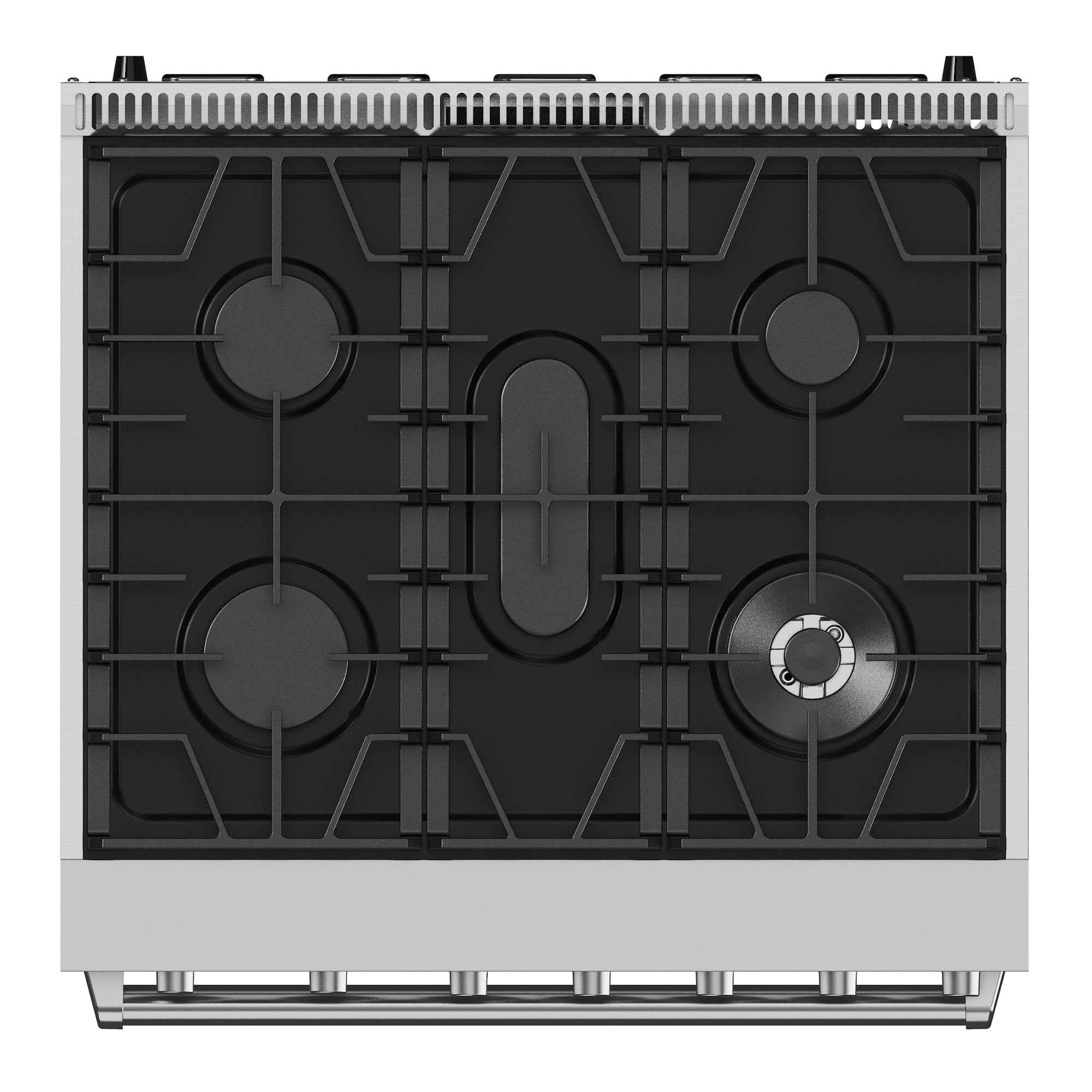 Top view of the Kenmore PRO stainless steel front-control range showing the 5-burner gas cooktop