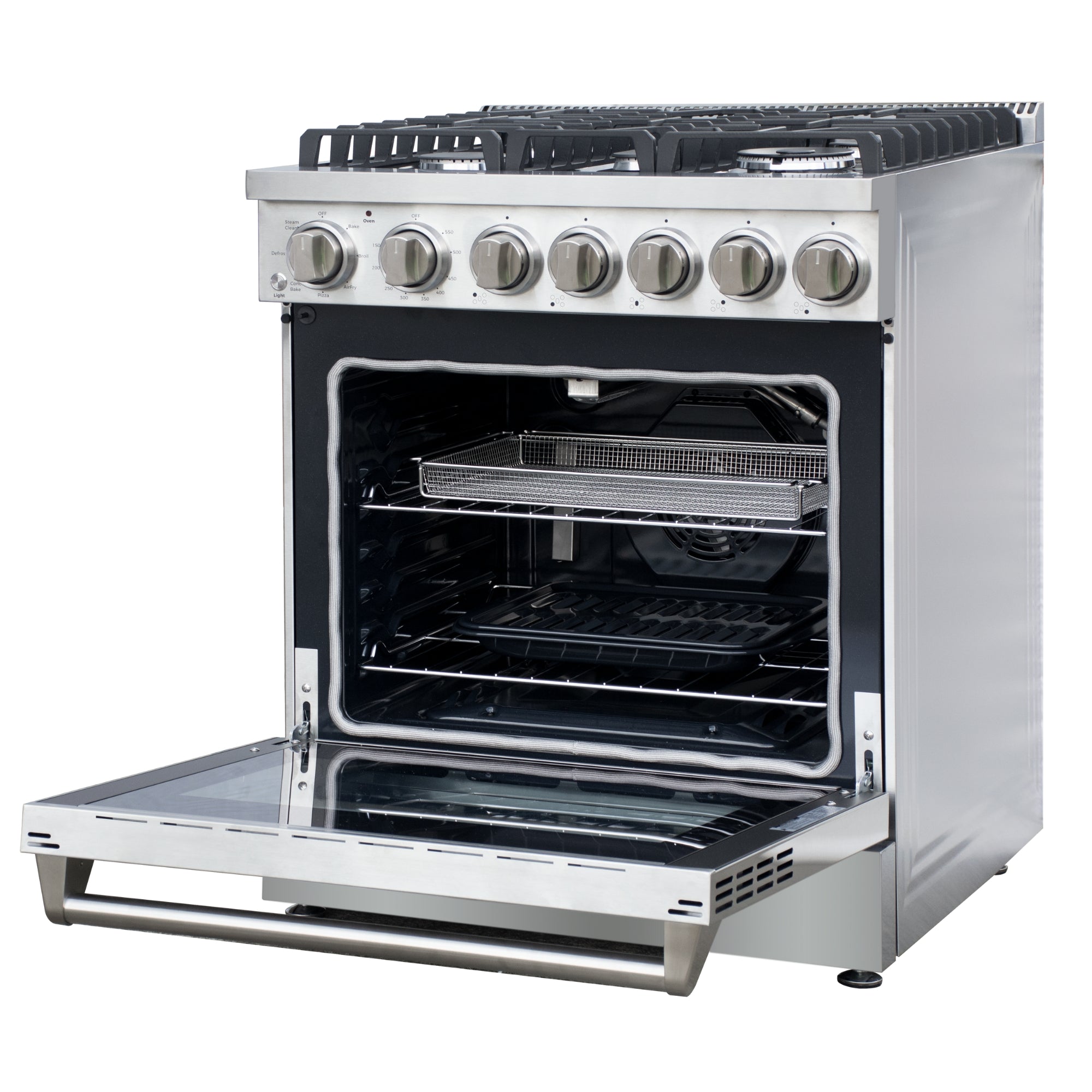 Kenmore PRO stainless steel front-control range, open with air fryer basket and bake/broiler pan inside, on a white background